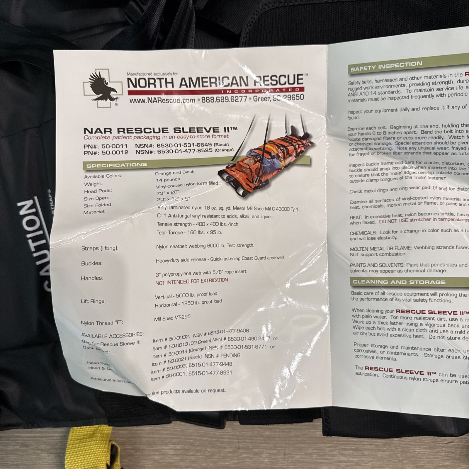 North American Rescue NAR 50-0011 Rescue Sleeve II 1000 lb – Black. New