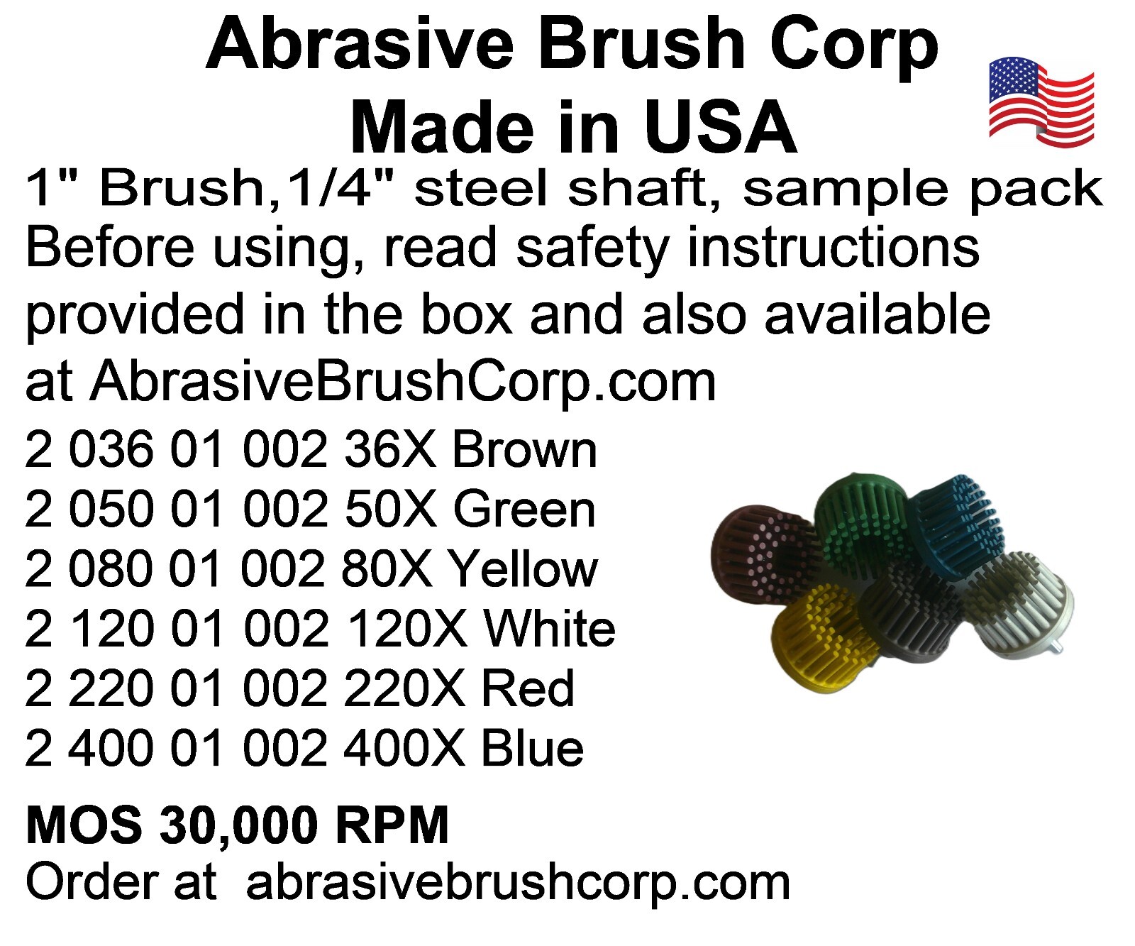 1″ Abrasive Bristle Brush,Sample Pack,1/4″steel shaft,36X,50X,80X,120X,220X,400X