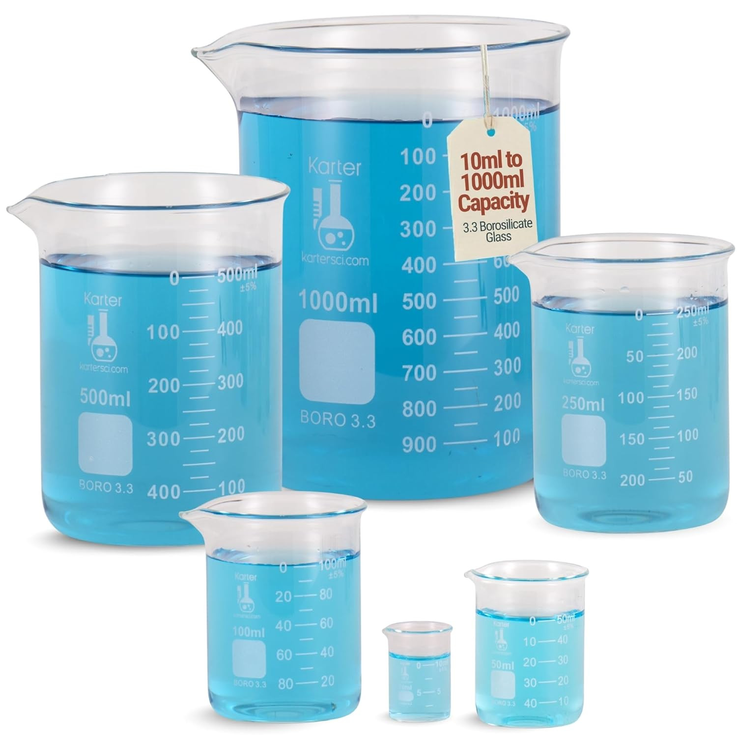 Glass Beaker Set 6 Sizes 10ml-1000ml Griffin Low Form Borosilicate