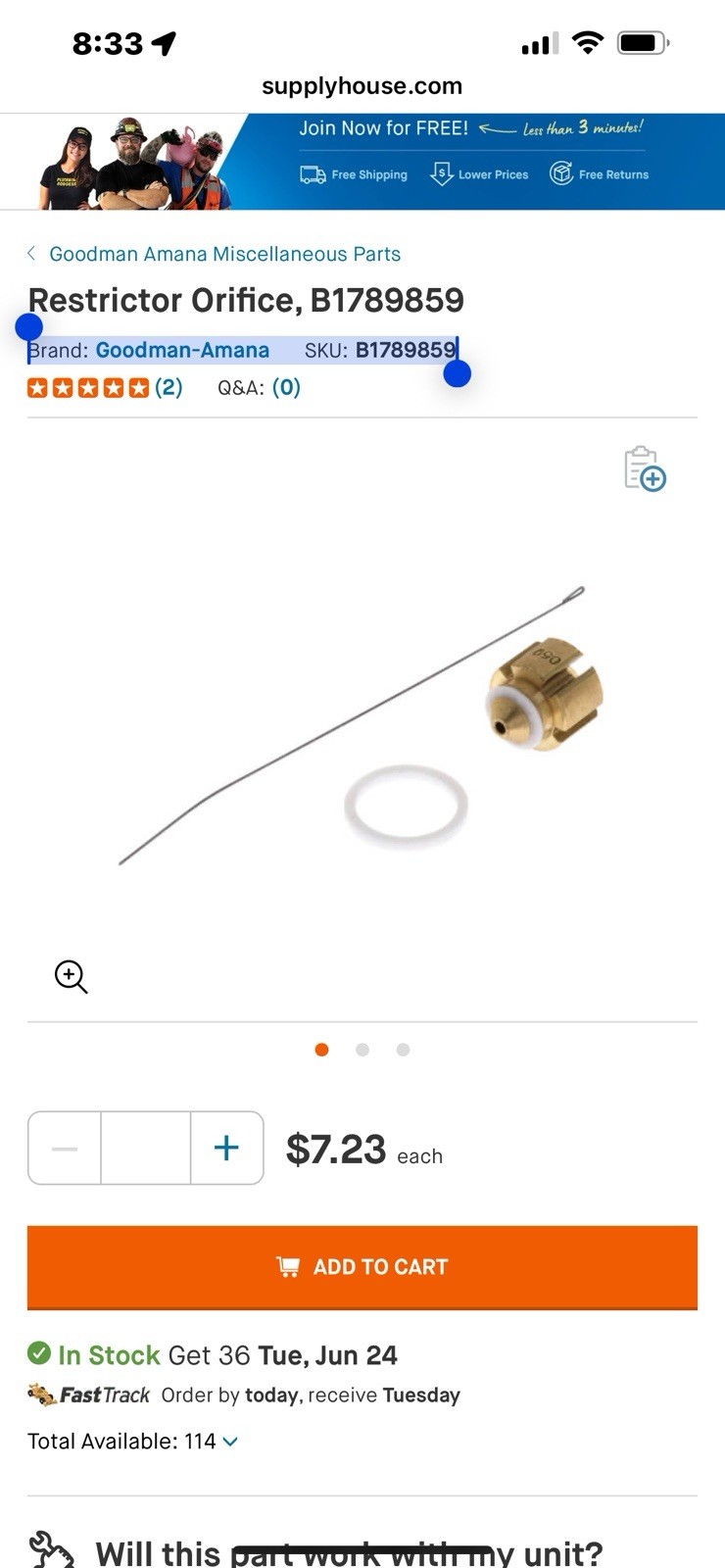Restrictor Orifice, B1789859 Brand:Goodman-Amana OEM