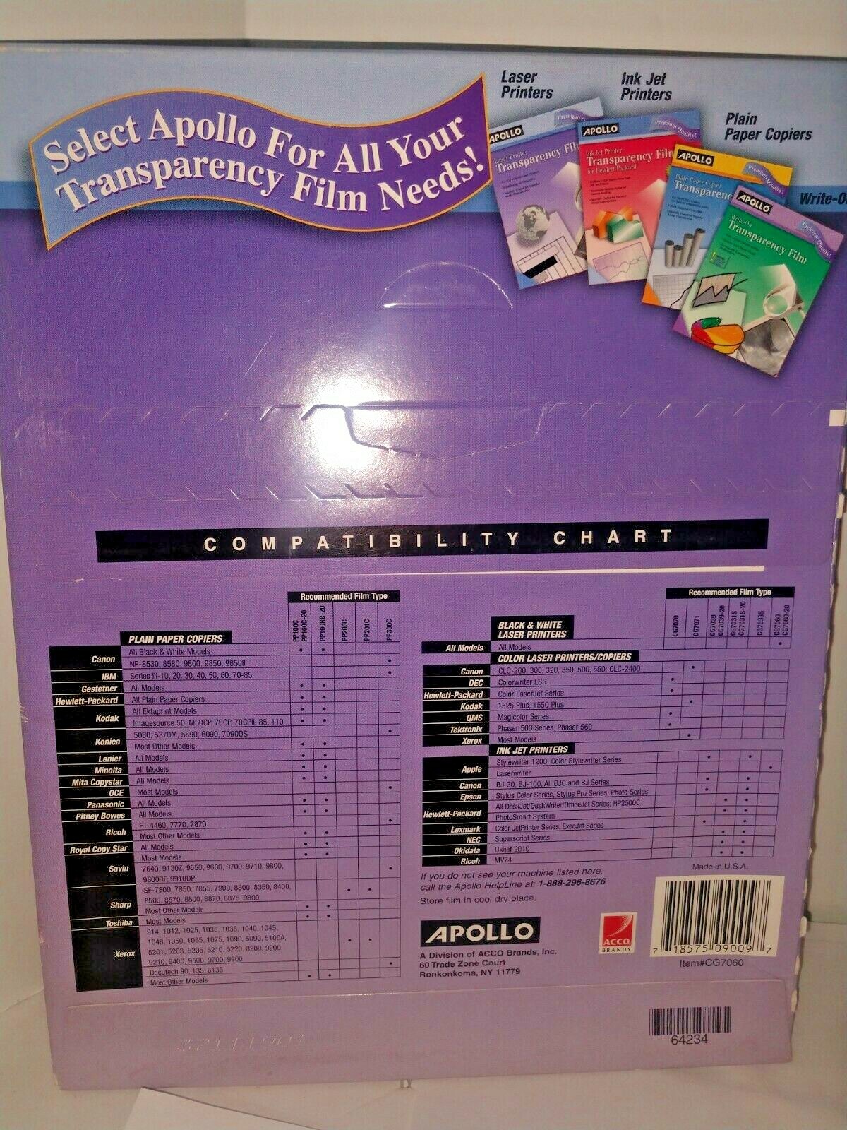 APOLLO LASER PRINTER TRANSPARENCY FILM CG7060 FOR ALL LASER PRINTERS
