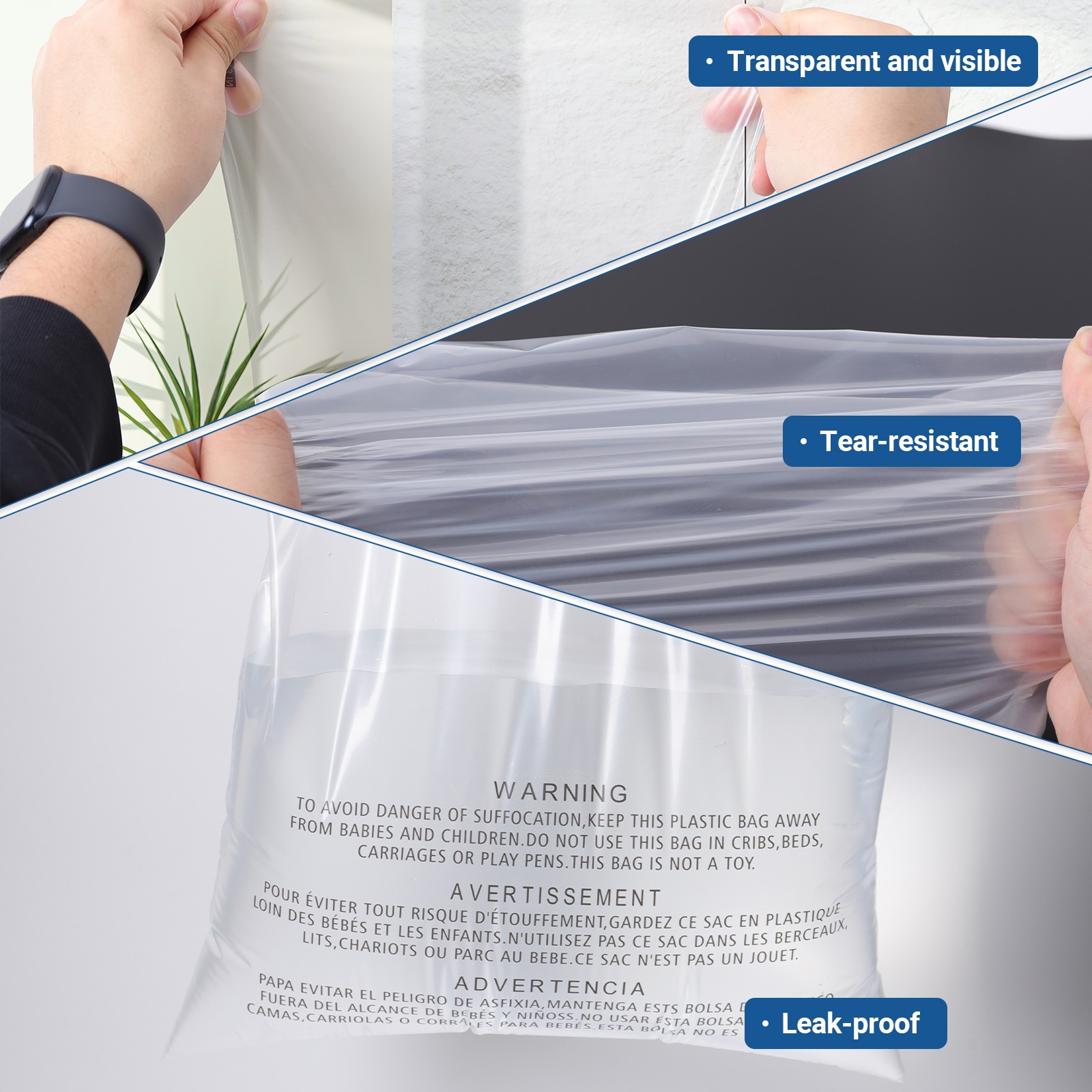 Clear Poly shipping Bags with Suffocation Warning -10X13,11×14,12×15,14×20,18×24