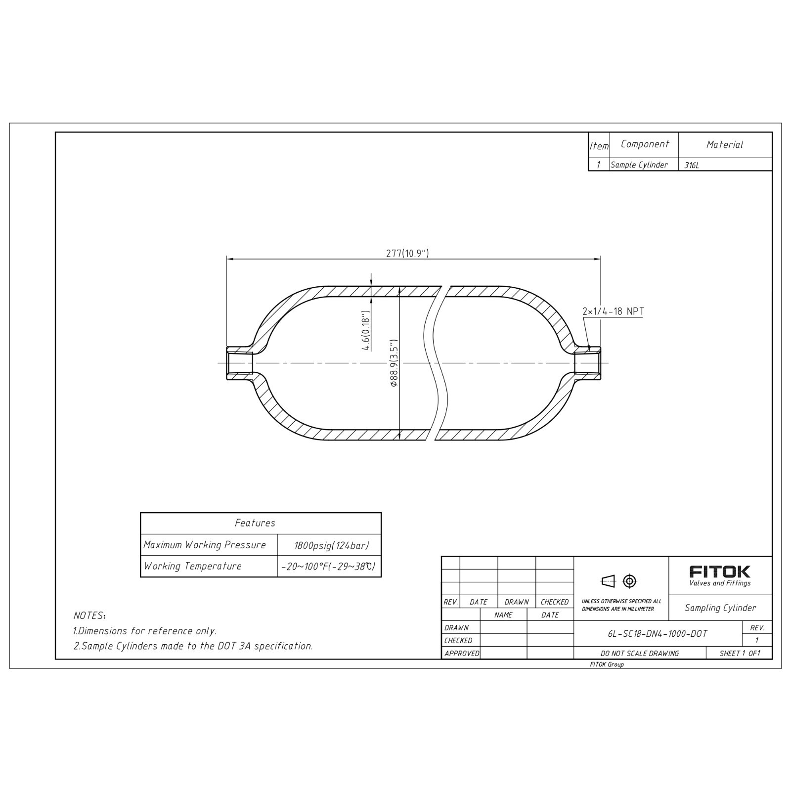 FITOK DOT-3A 1800 Sample Cylinder 1000 cm3 316L SS Double-Ended 1/4 Female NPT