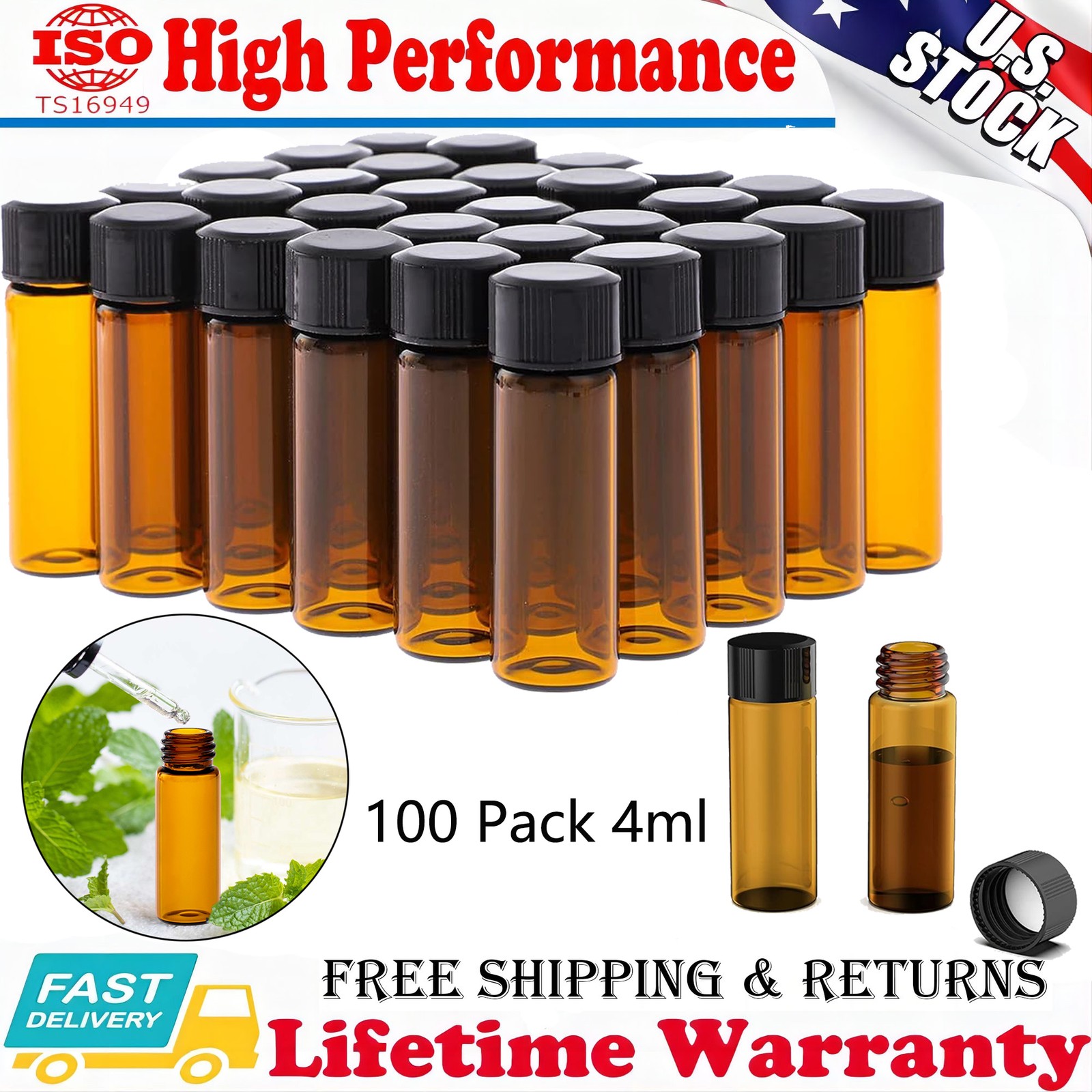 100 Pack 4ml Sample Vials 1 Dram Amber Glass Vials with Black PP Screw Caps US