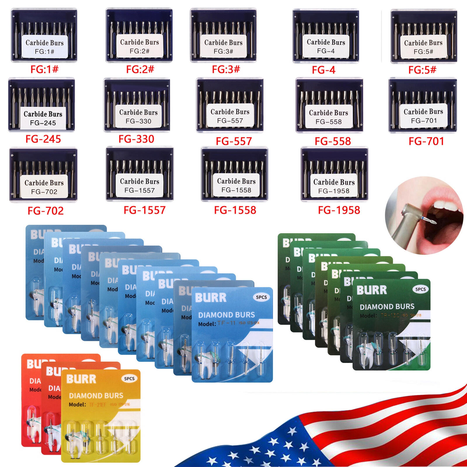 Dental Diamond /Carbide Steel Burs Drill Round For High Speed Handpiece /HP Burs