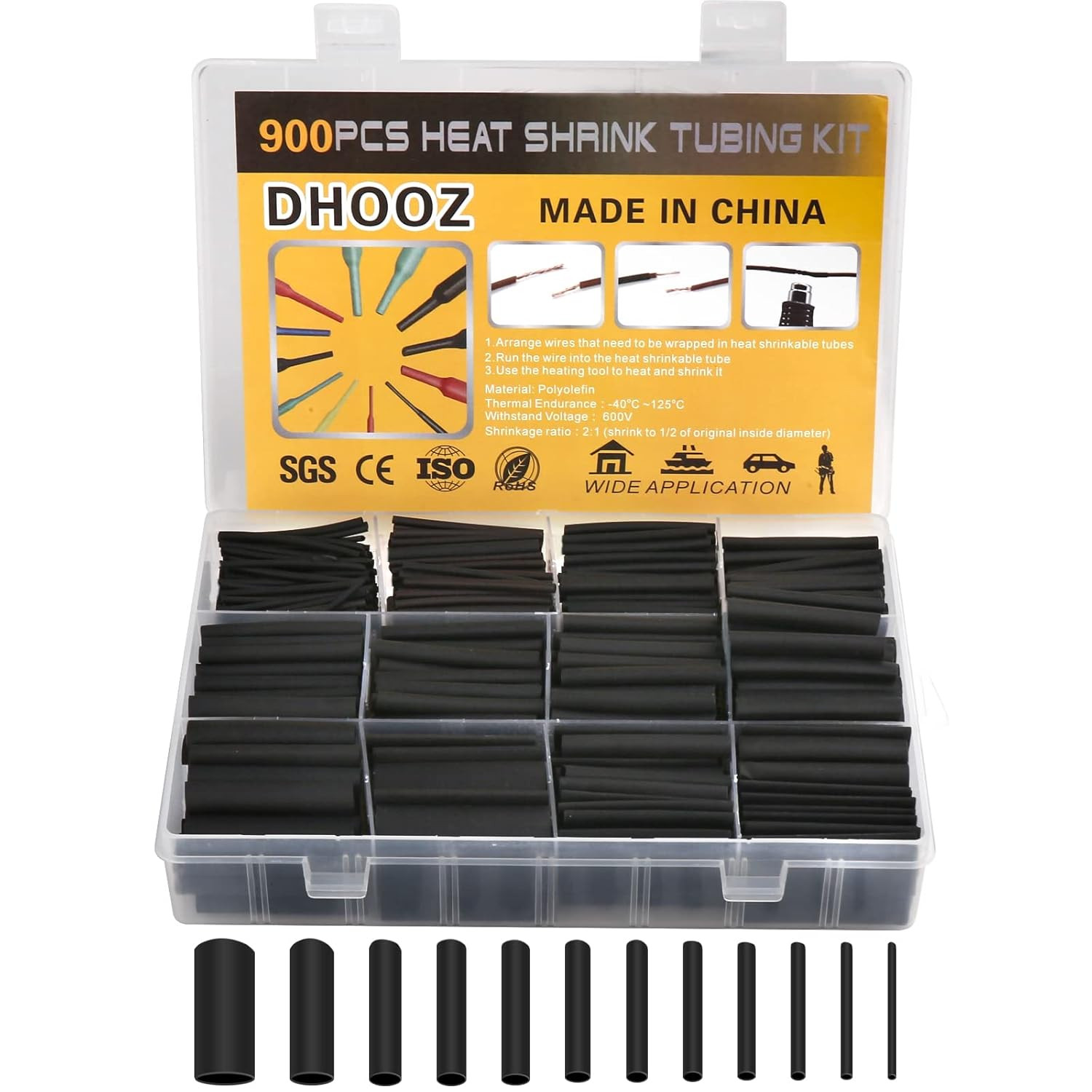 900pcs Heat Shrink Tubing Kit 2:1 Marine Grade Wire Wrap 12 Sizes Black