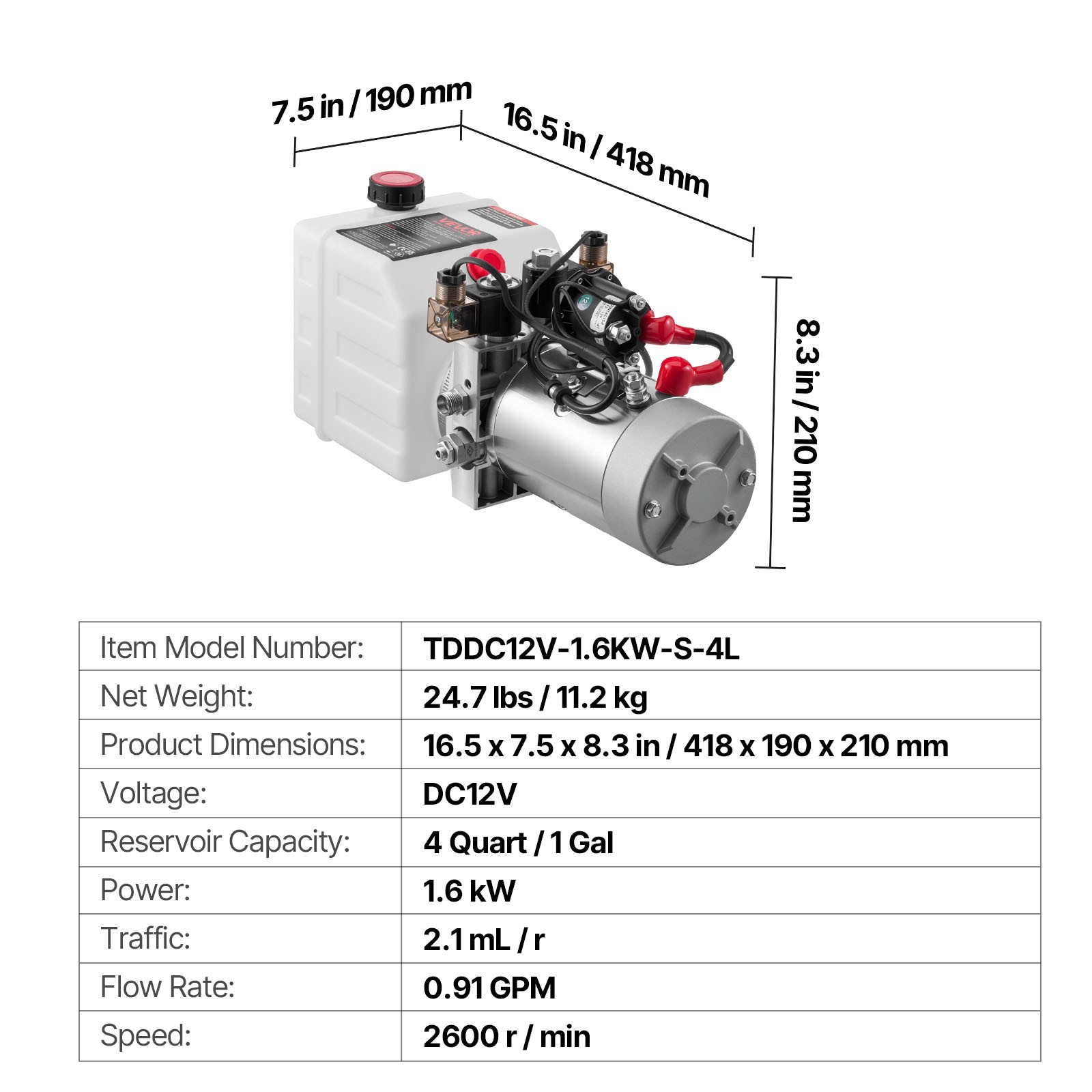 VEVOR 4 Quart Hydraulic Power Unit DC 12V Double Acting Hydraulic Pump White