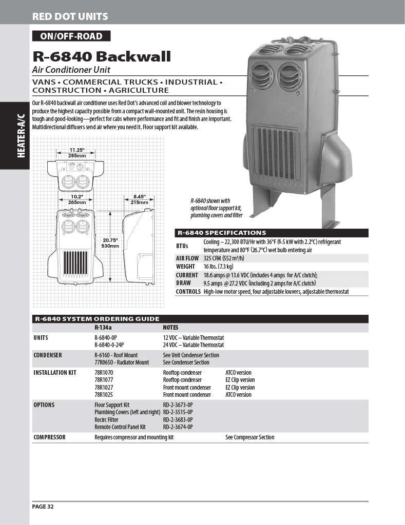 Red Dot AC Evaporator Unit 12v Wall Mount R-6840-0P