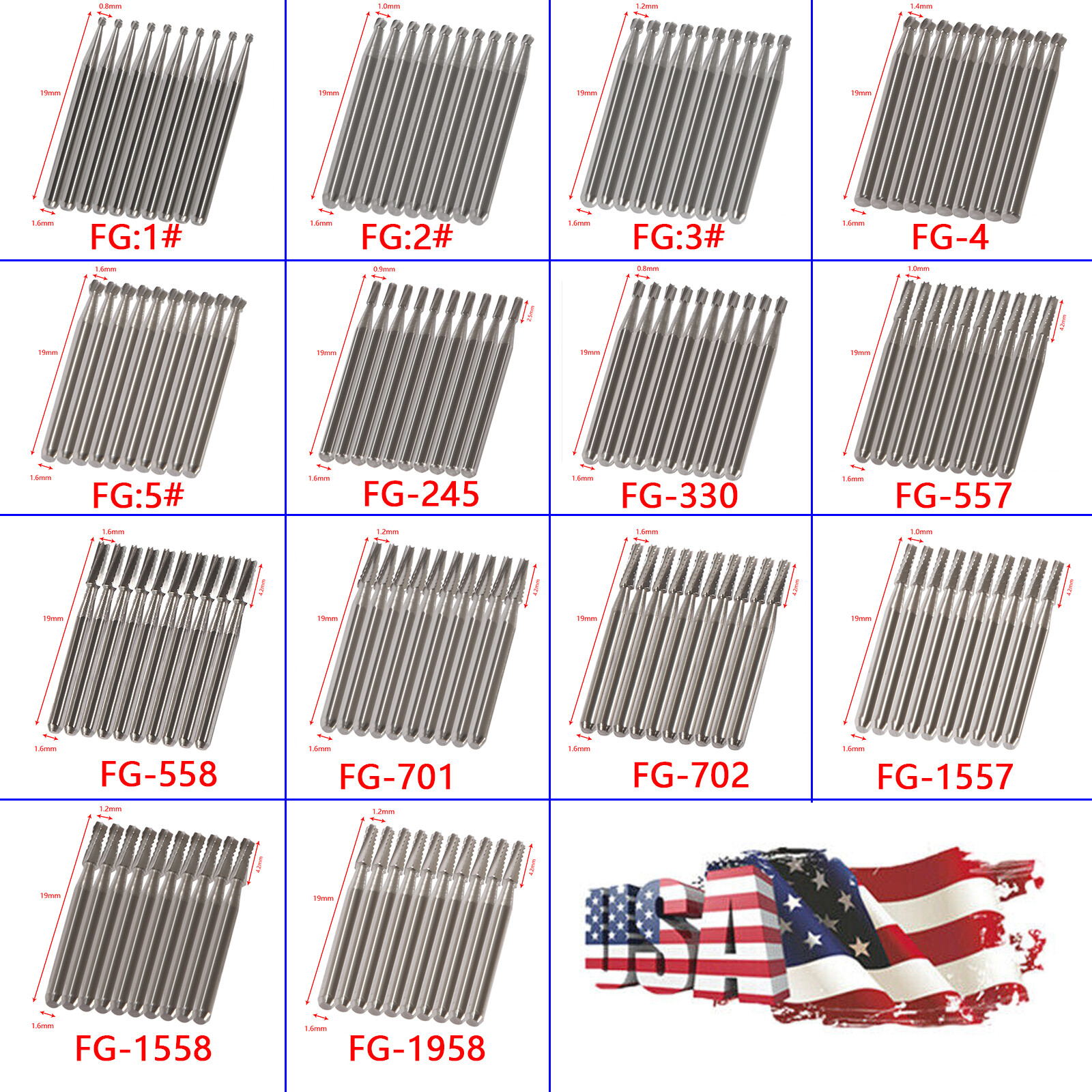 10-100 PCS Dental Lab Clinic Burs Shank Carbide Round Friction Grip FG Bur pa