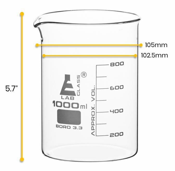 Eisco Labs 1000ml Beaker, Low Form – 100ml Graduations – Borosilicate Glass