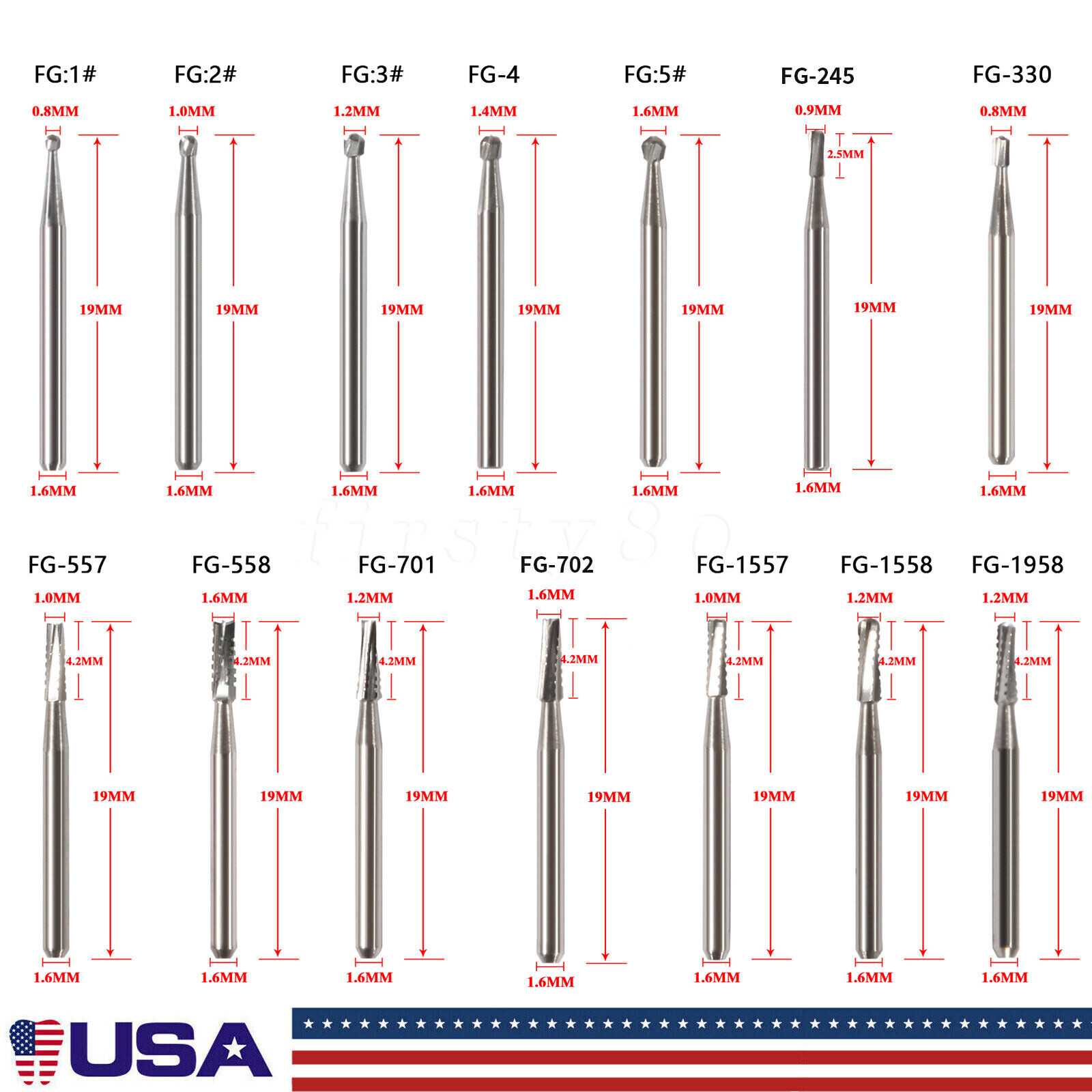 Dental Tungsten Carbide Steel Burs FG1 FG2 FG245 FG330 for High Speed Handpiece