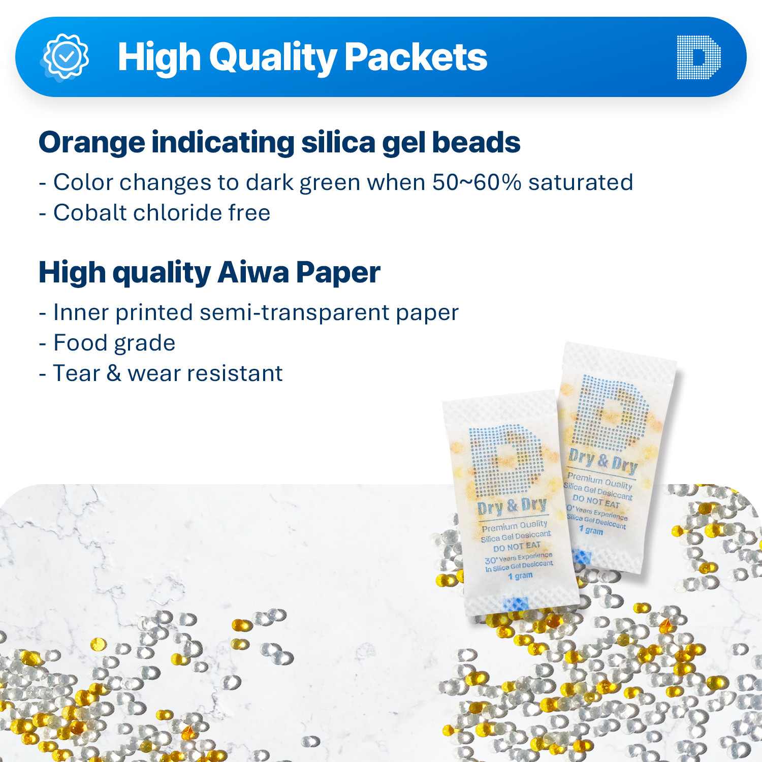 1 gram X 200 PK “Dry & Dry” Food Grade Orange Indicating Silica Gel Packets
