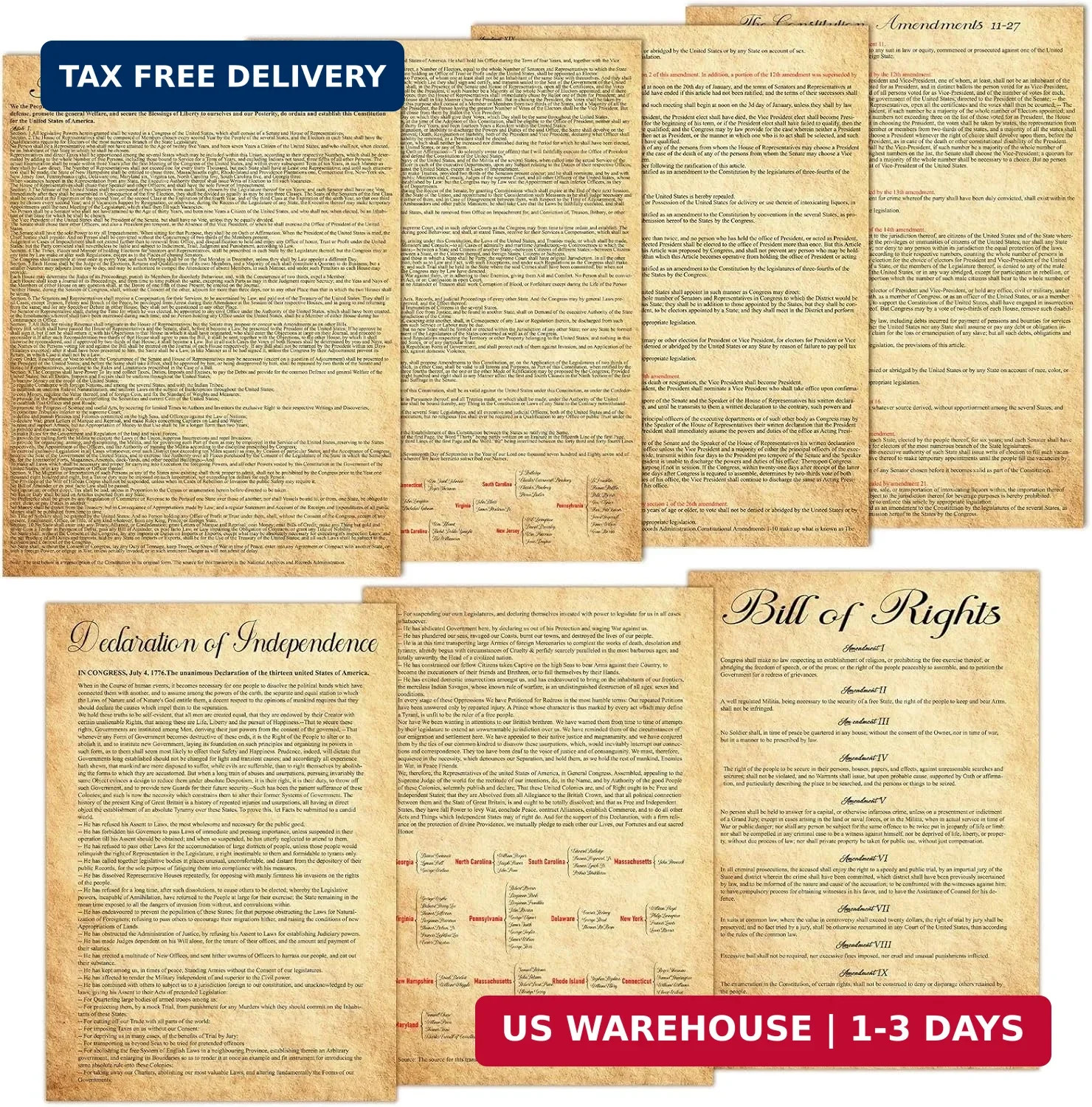 7Pcs American Founding Documents Poster US Constitution with All Amendments, Dec