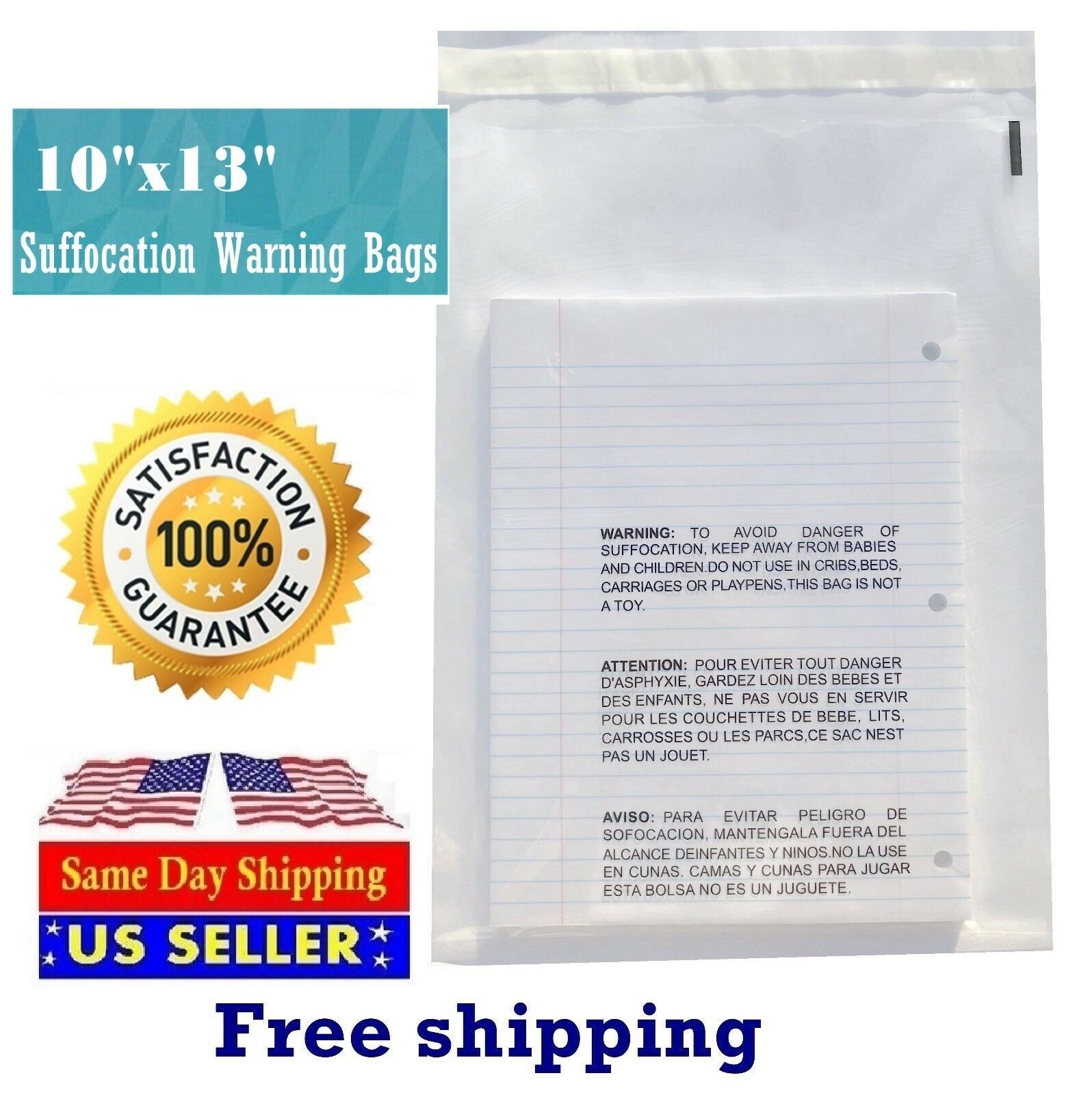 100 10×13 Suffocation Warning Clear Poly Self Seal Bags 1.5 mil -ST ShipMailers