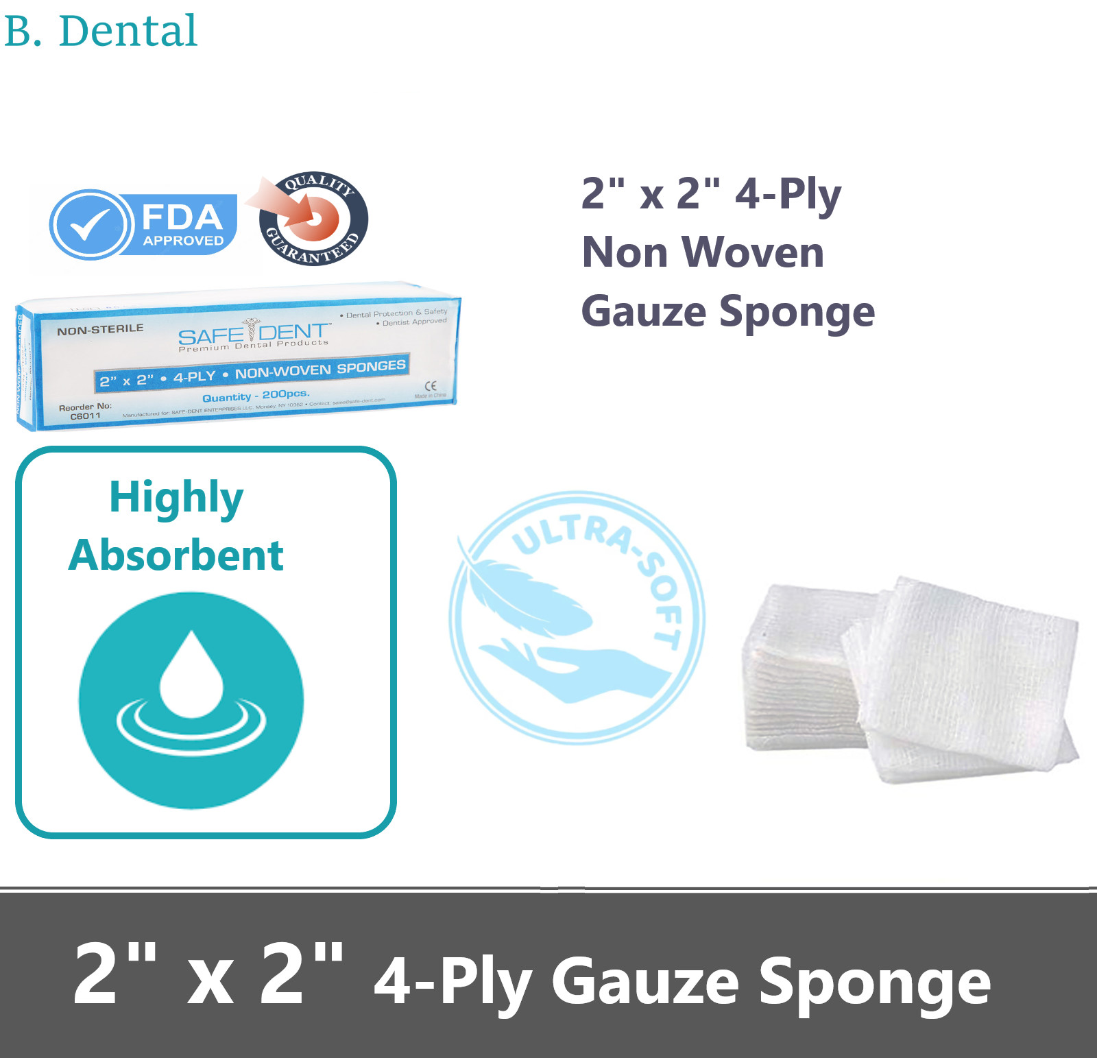 2×2 Dental Gauze Pads, Squares for First Aid Sponges, Non Woven Medical Wipes
