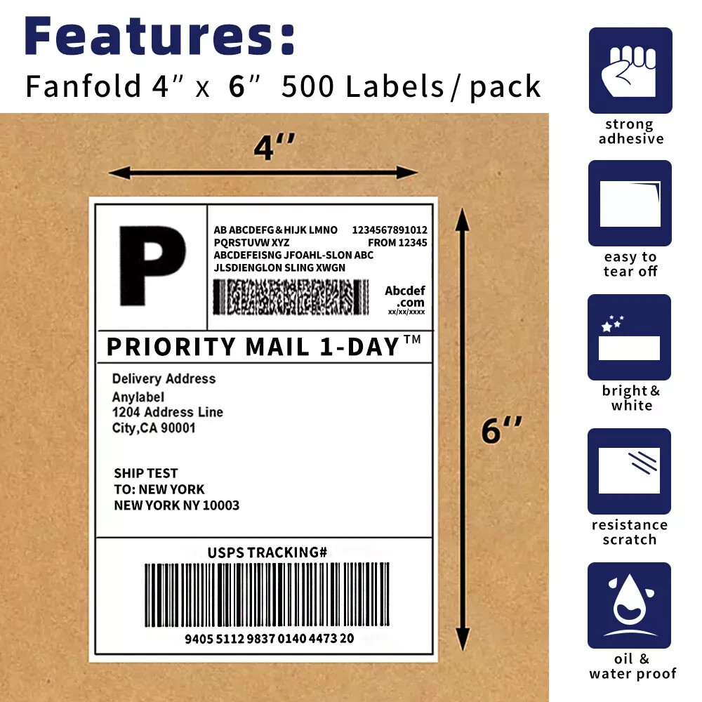 4000pc (4×6) Fanfold Direct Thermal Shipping Labels for Zebra and Rollo Printers