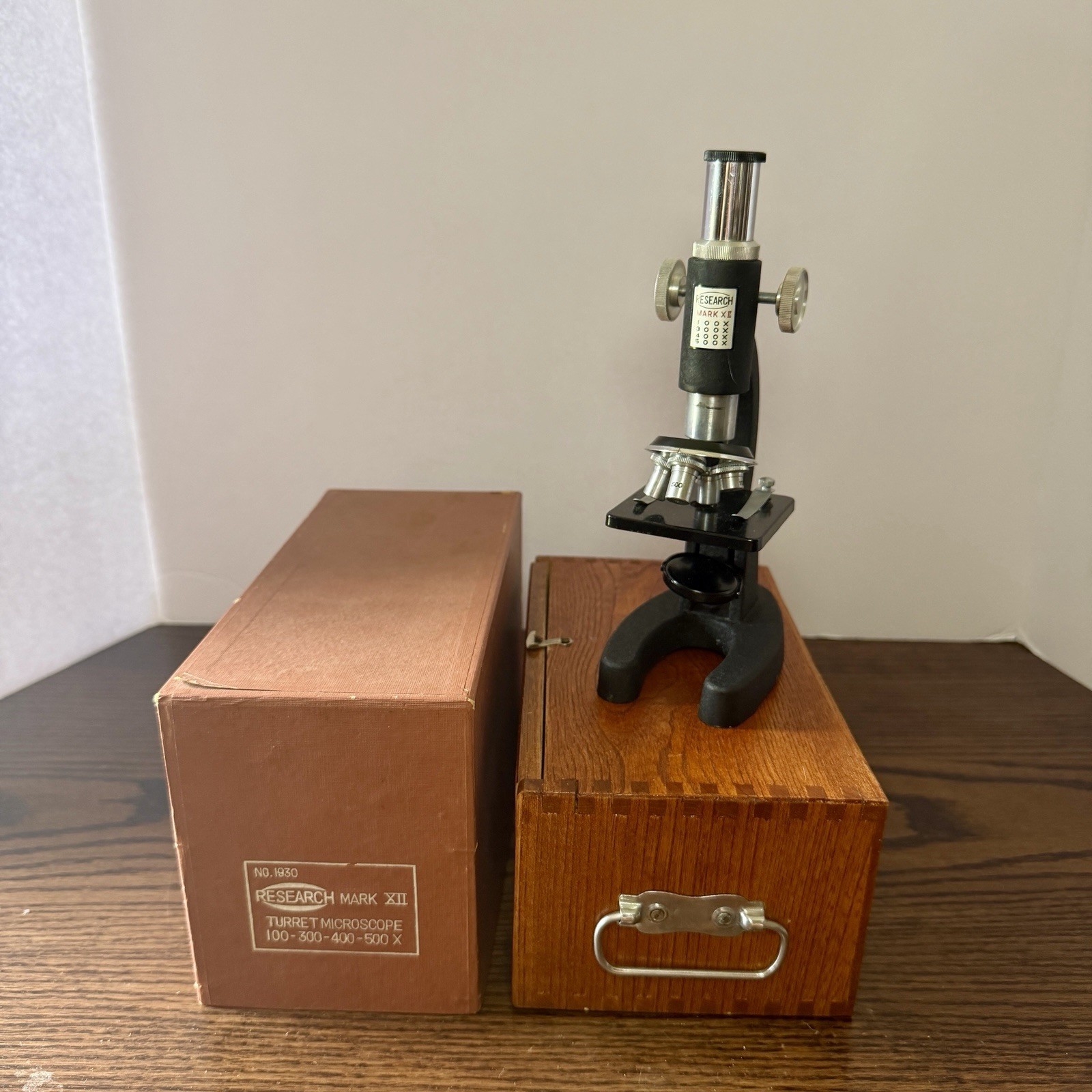 Vintage Research Mark XII No. 1930 Turret Microscope w/ Wood Case & Original Box