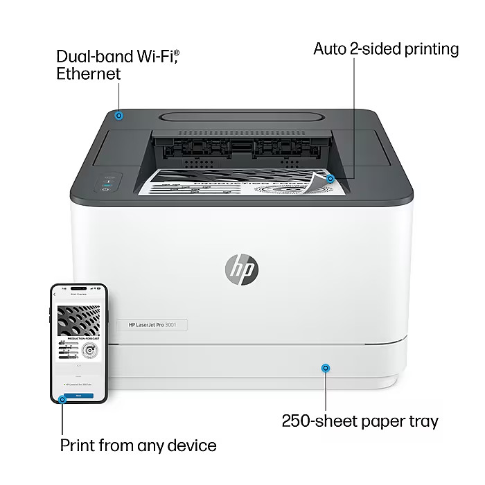 HP LaserJet Pro 3001dw Wireless Black & White Laser Printer
