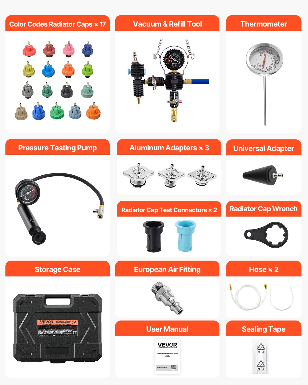 VEVOR Radiator Pressure Tester & Coolant Vacuum Refill Kit 47Pcs Universal Fit