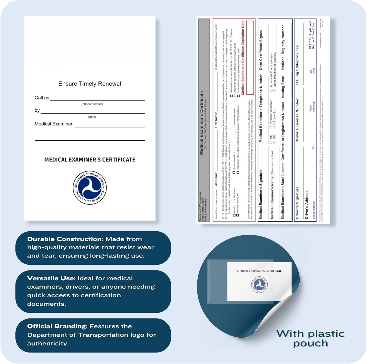 DOT FMCSA Medical Examiner Certificate / DOT Medical Cards Laminated / MCSA-5876