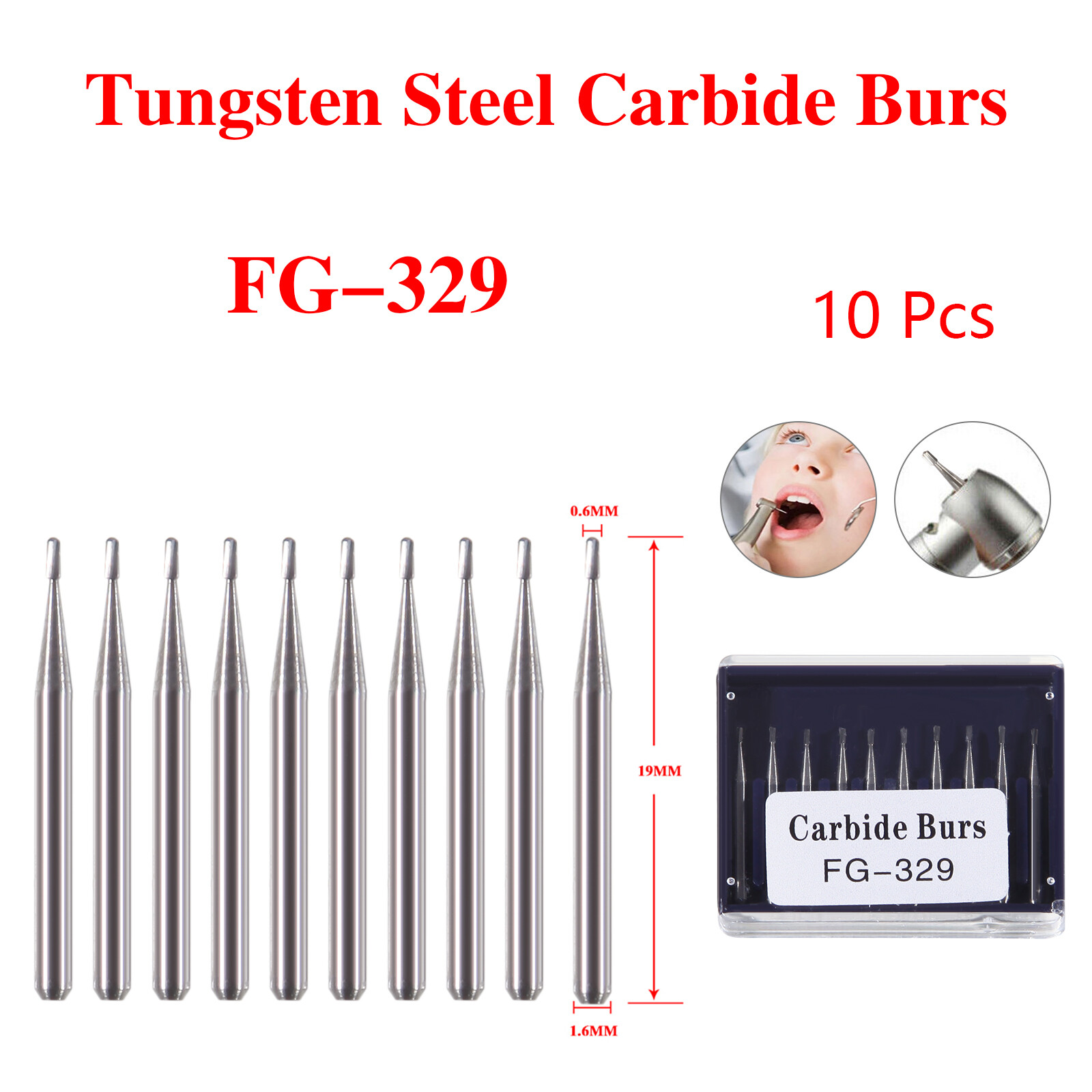 10 Pcs Dental Carbide Burs Pear-Shaped Type High Speed Tungsten Steel Bur FG329