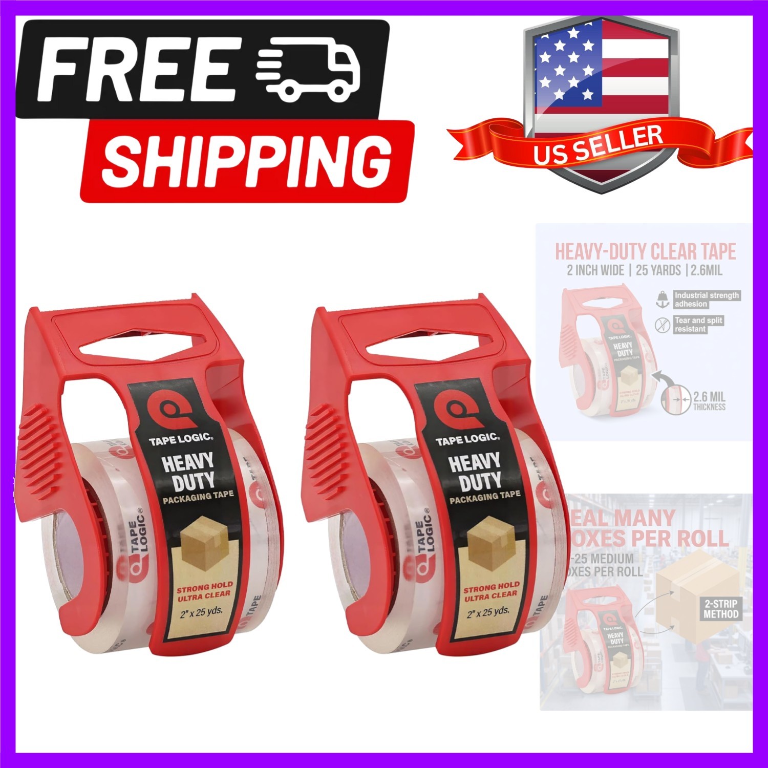 Heavy Duty Packing Tape with Dispenser 2 Pack – 2.6 Mil Thick Clear Shipping …