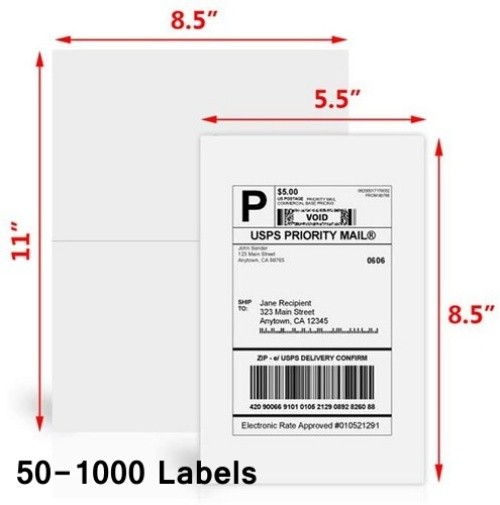 50-1000 Premium 8.5″ X 5.5″ Half Sheet Self Adhesive Shipping Labels 2 Per Sheet