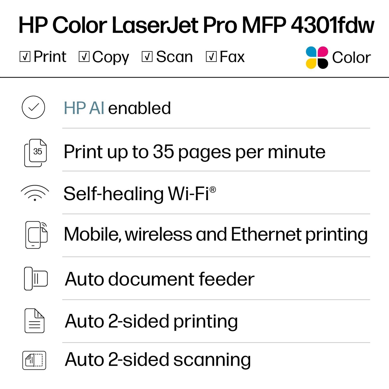 HP Color Laserjet Pro MFP 4301fdw Wireless All-in-One Color Laser Printer, Scann