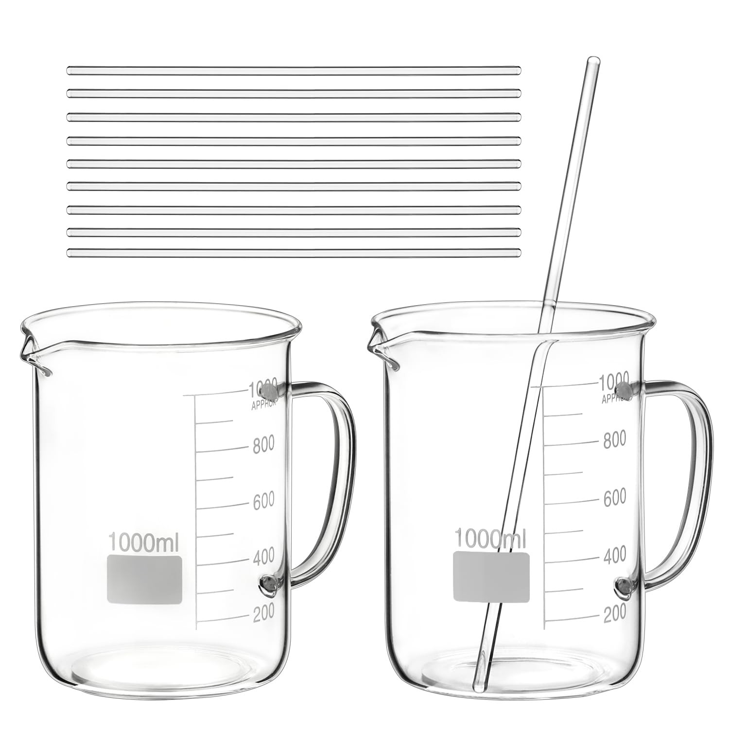 2 Pack 1000Ml Borosilicate Glass Beaker with Handle, & 10 Pcs 12″ Science Glass