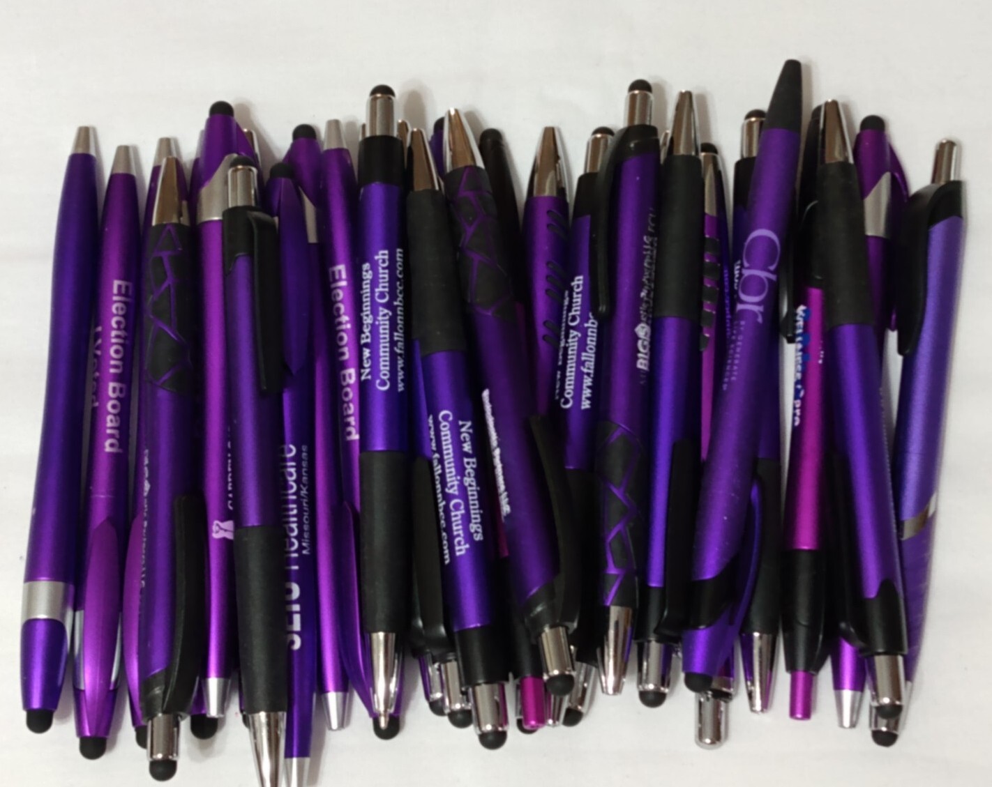 30ct Mixed Lot Misprint Retractable Click Pens w/Stylus: PURPLE/ VIOLET/LAVENDER