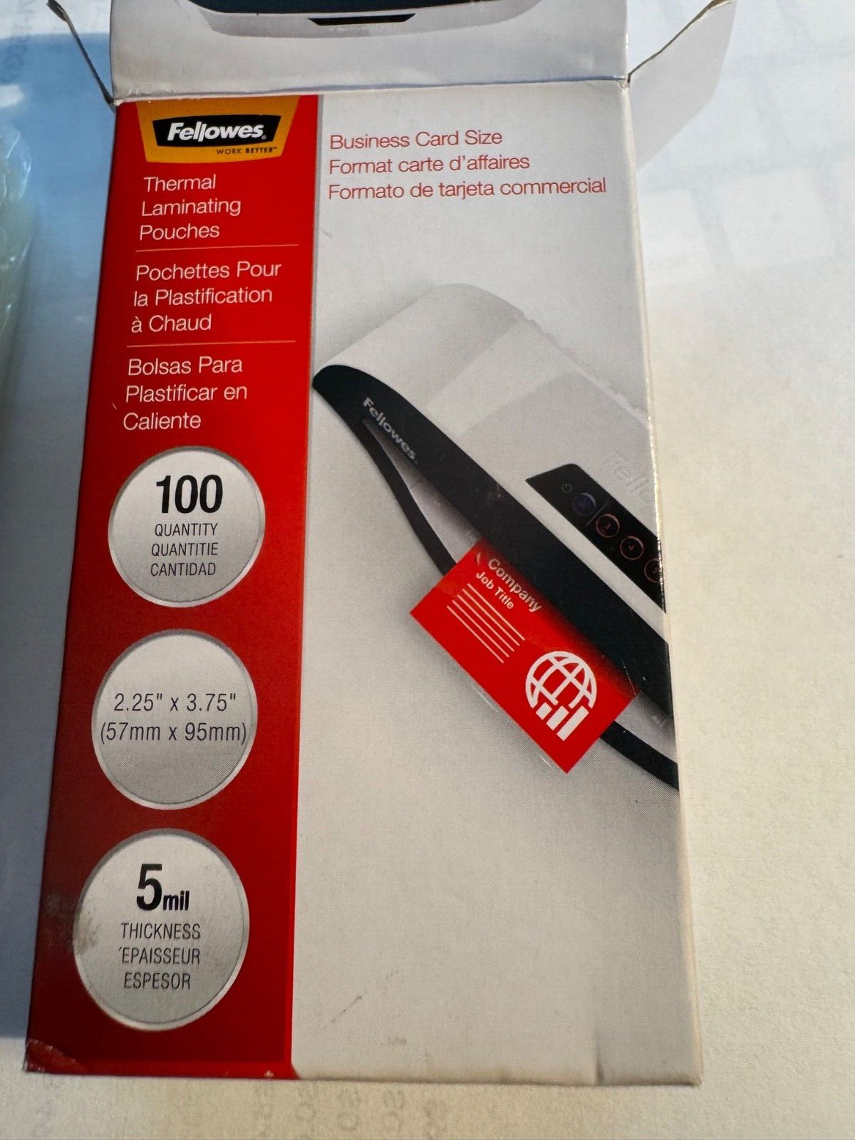 FELLOWES 100 Thermal Laminating Pouches ID Business Cards Size 5 mil 2.25 x 3.75