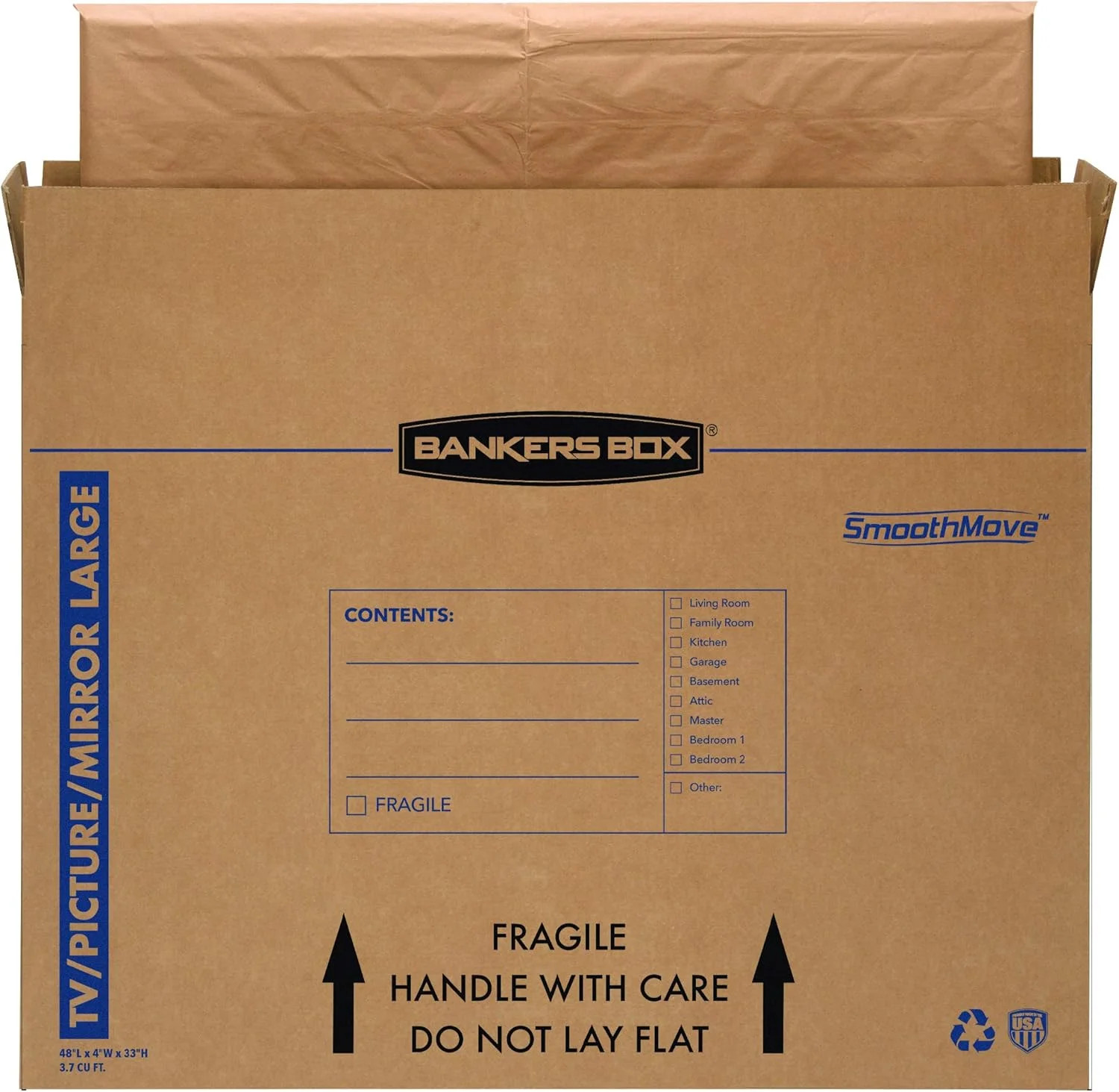 Bankers Box Large, Up to 55″ TV/Picture/Mirror, Moving Box 4 Pack, 48″ x 4″ x 33