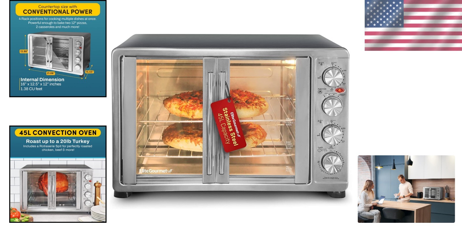 Convection Oven French Door Toaster Oven 18 Slice Rotisserie 45L Stainless Steel