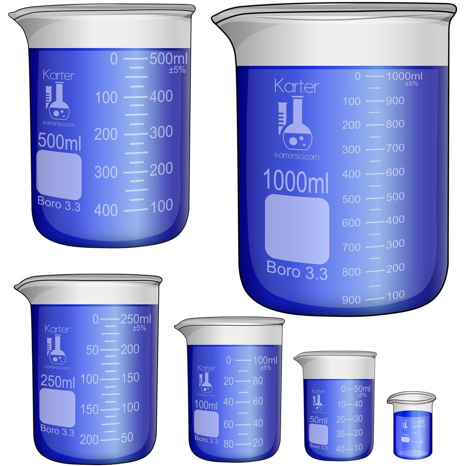 Glass Beaker Set 3.3 Boro, Griffin Low Form 6 pk – 10, 50, 100, 250, 500, 1000ml