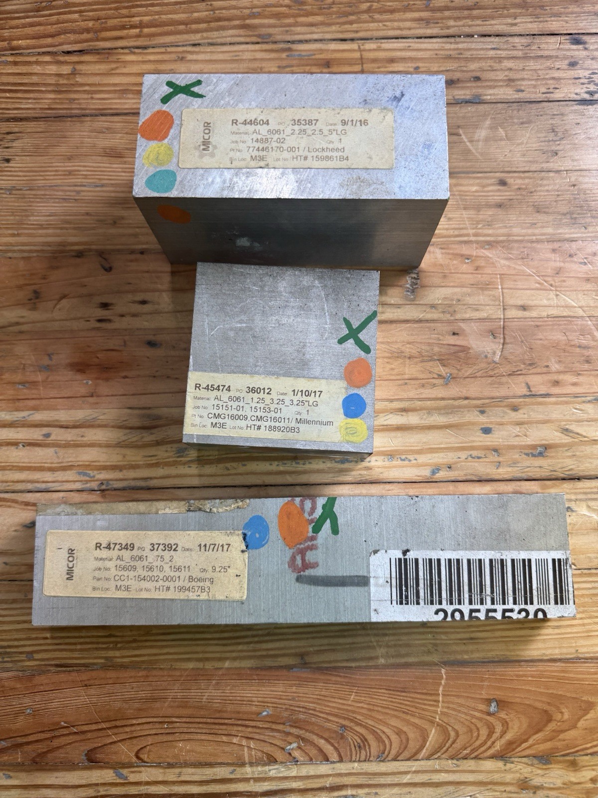 3 PC Lot Aluminum 6061 FLAT BAR 2.25 x 2.5 x 5 , 1.25 x 3.25 , .75 x 2 x 3.25