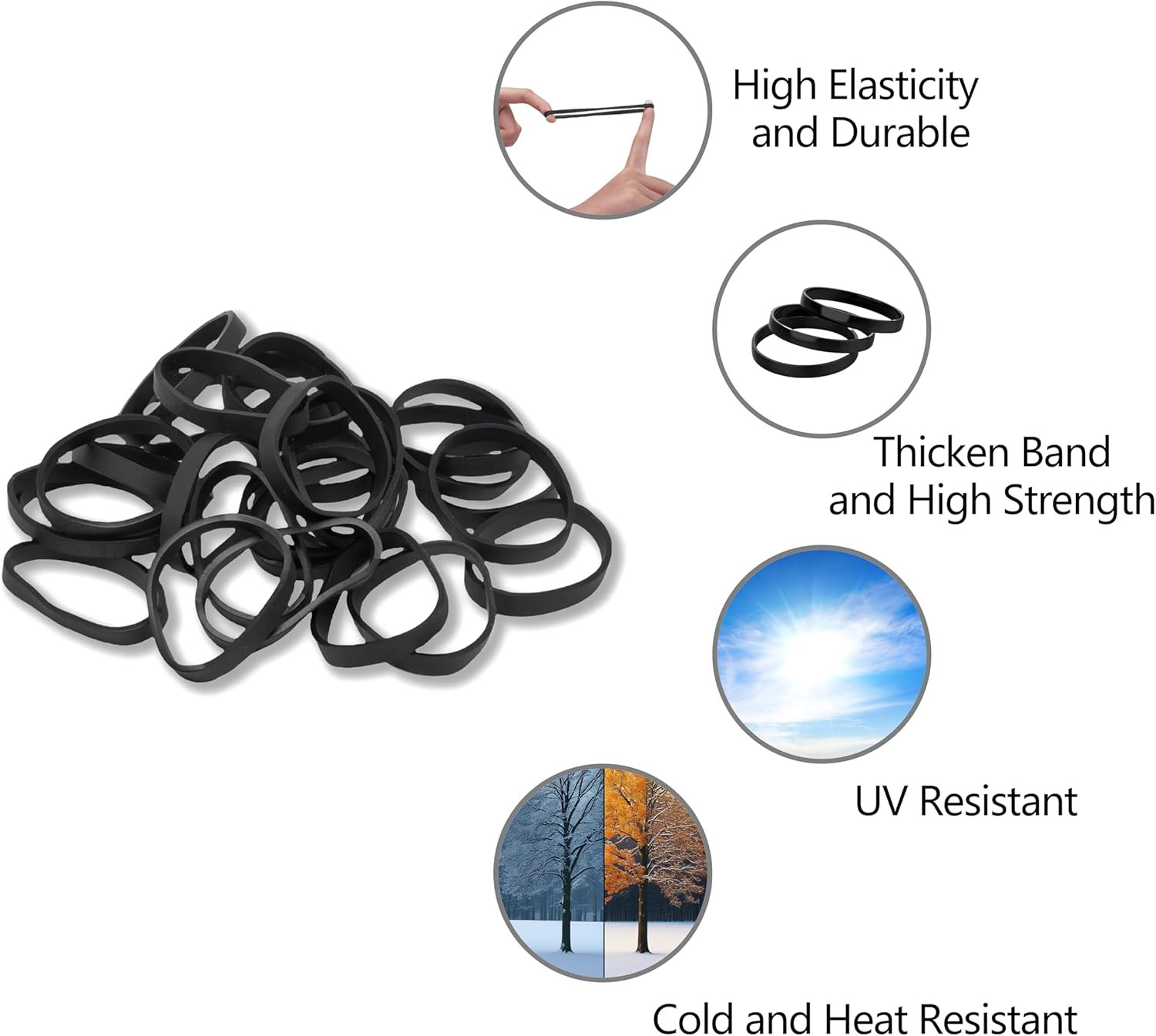 70 Pcs Tactical Rubber Bands 5 Sizes, Black Elastic Wide Thick UV Heat Cold Resi