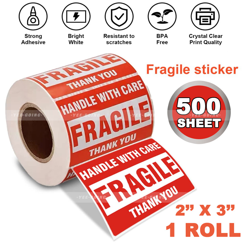 Fragile Stickers 1 Roll 500 2×3 Fragile Label Sticker Handle With Care Mailing