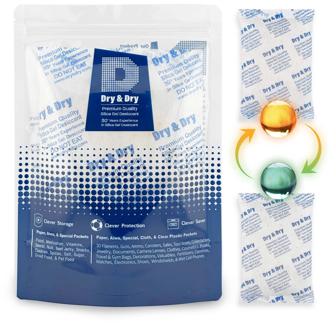 500 gram X 10 PK “Dry & Dry” Food Grade Orange Indicating Silica Gel Packets