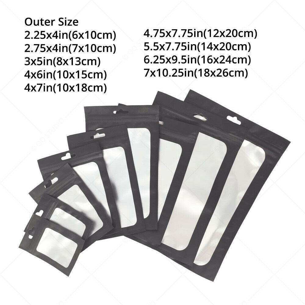 Multi-Size Matte Black Mylar Flat Zip Seal Bag For Storage w/ Window & Hang Hole