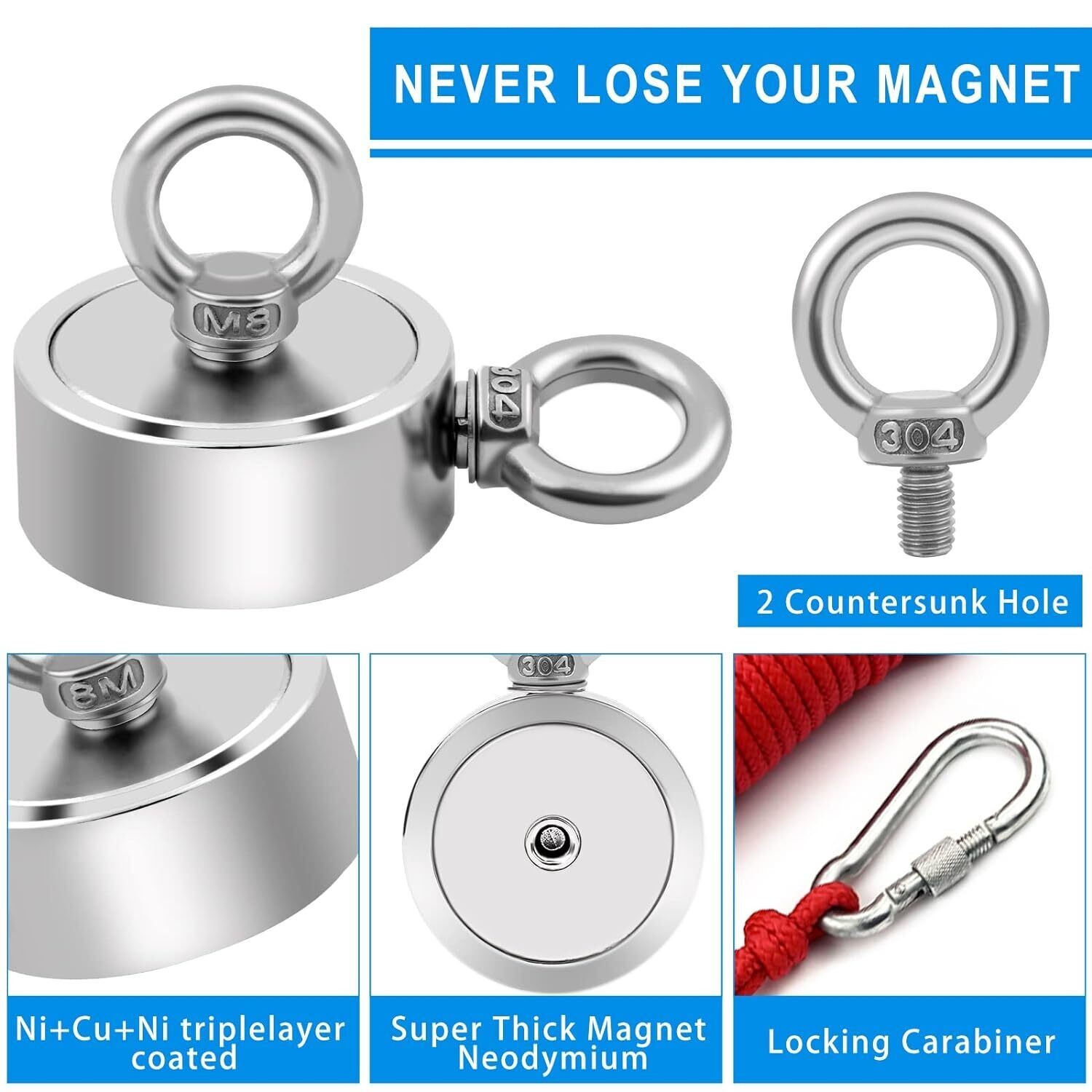 2000 LBS Strong Fishing Magnet Kit Double-Sided Pull Force and Rope Carabiner