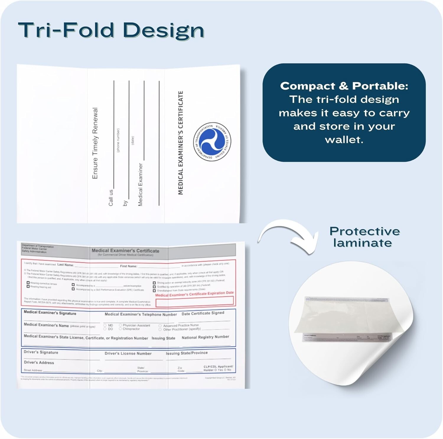 DOT FMCSA Medical Examiner Certificate / DOT Medical Cards Laminated / MCSA-5876