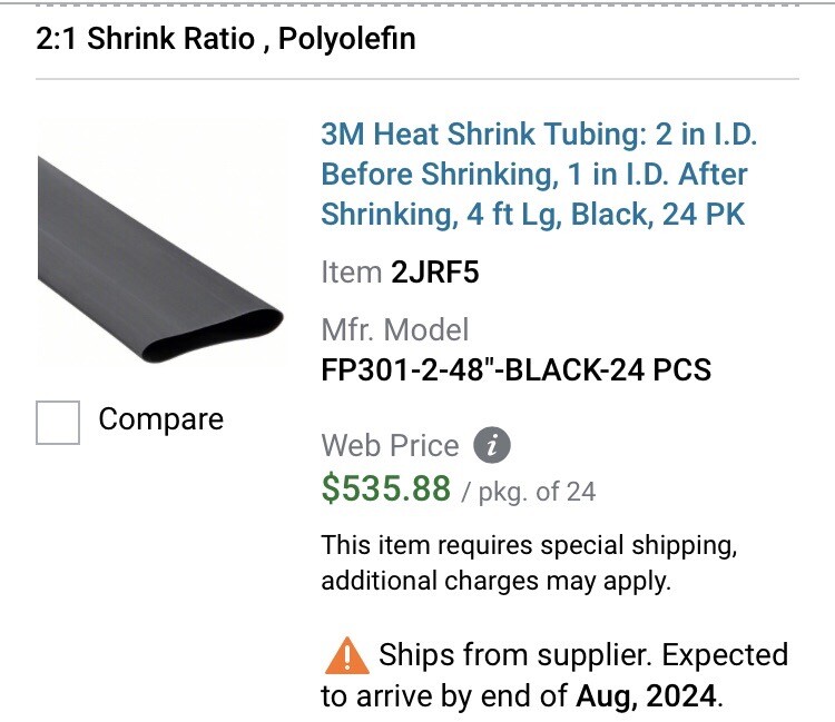 3M Heat Shrink Tubing. 2 Inch Shrinks To 1 Inch. 4 Foot/piece. Pack of 24