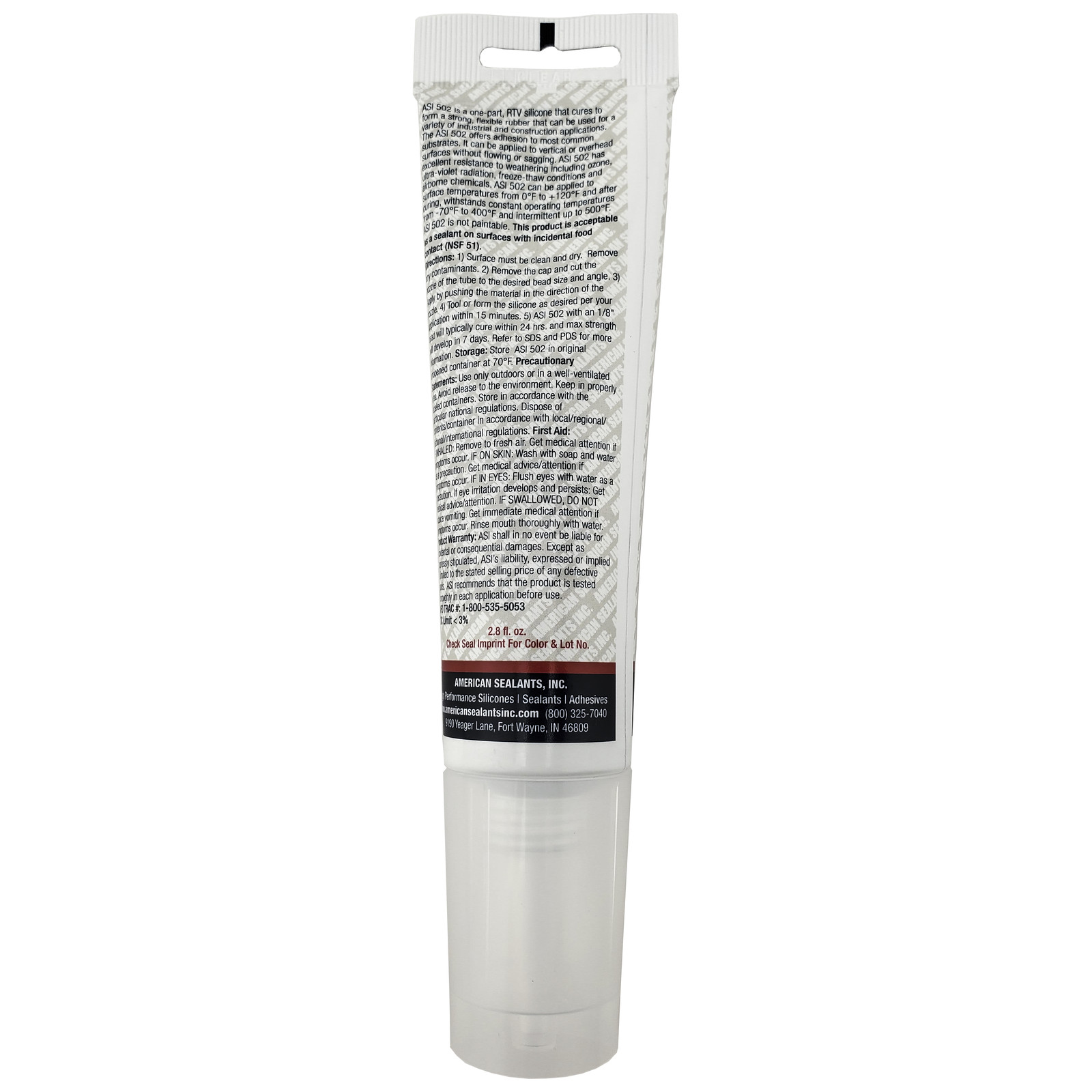 ASI 502 White Food Grade 100% RTV Silicone Sealant – 2.8 Oz Squeeze Tube