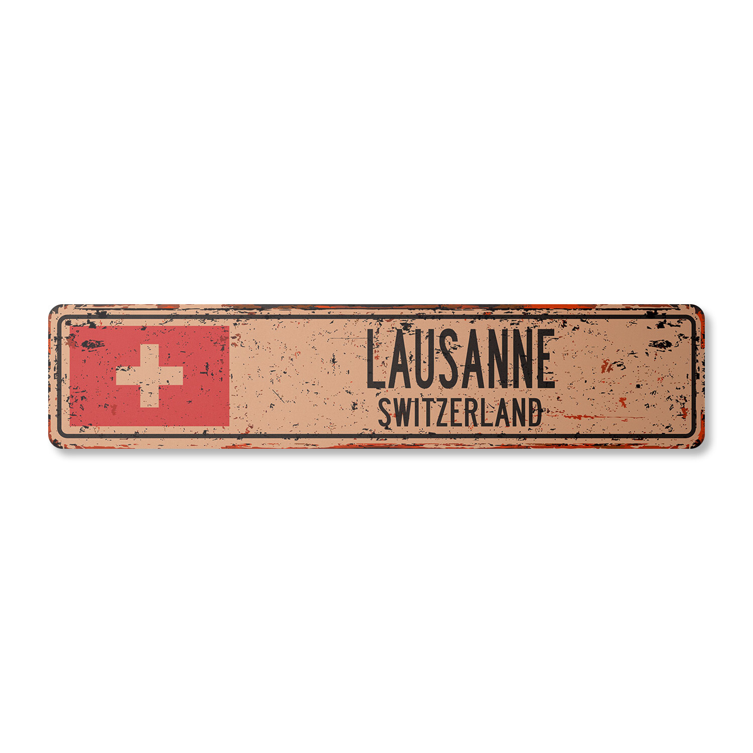 LAUSANNE SWITZERLAND Vintage Street Sign Swiss flag city country road rustic