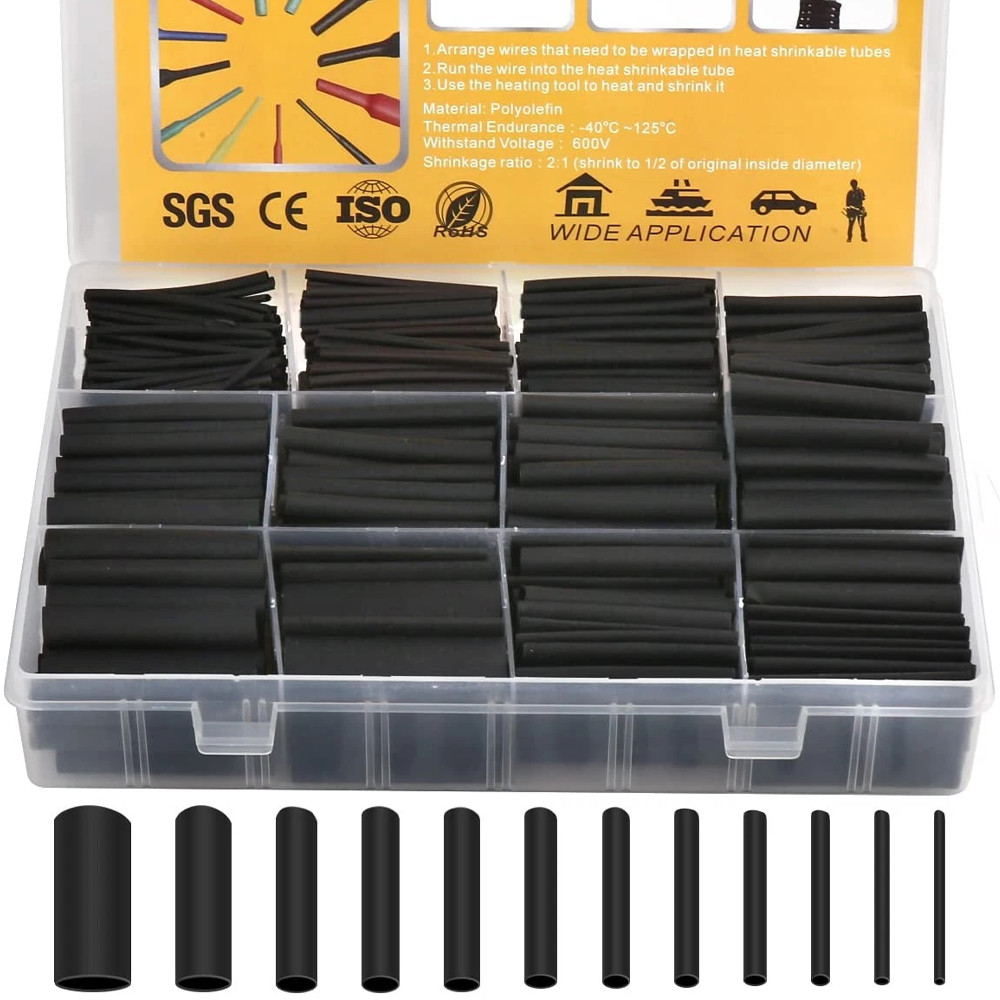 900 PCS Wire Heat Shrink Tubing Kit Marine Grade Wrap Premium Black NEW