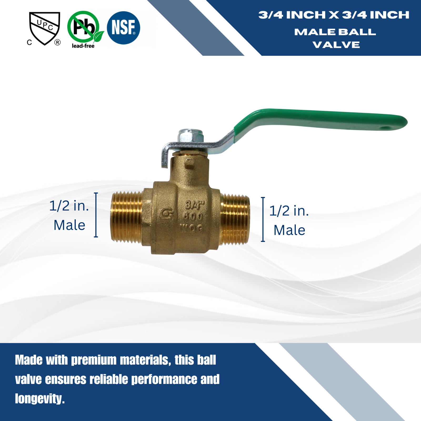 1 PC. 3/4″ MALE BALL VALVE, LEAD FREE BRASS, FULL PORT, 600 WOG-WATER, OIL, GAS