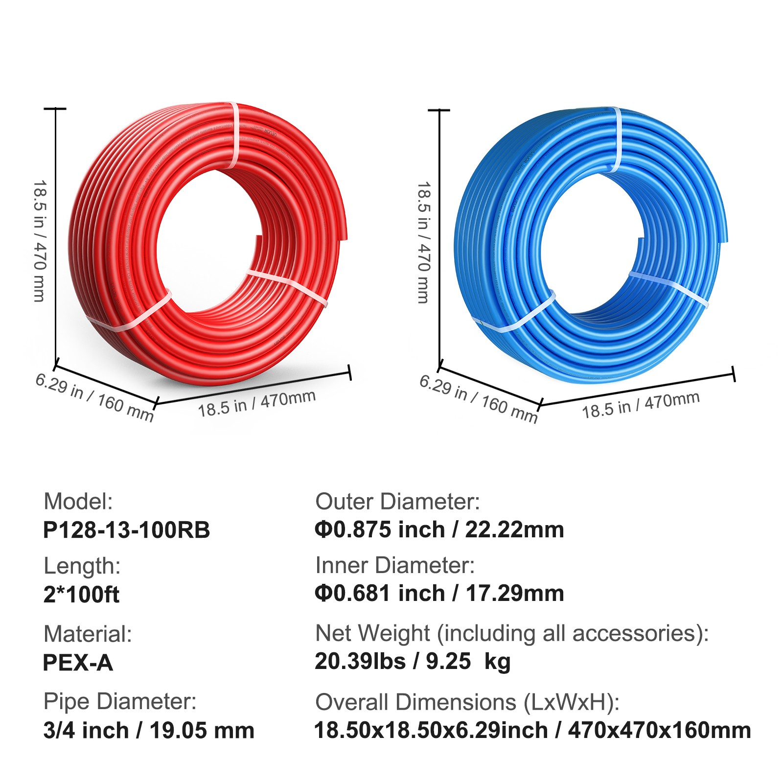 VEVOR 3/4” 2x100ft Blue& Red PEX-A Tubing/Pipe for Potable Water with Cutter