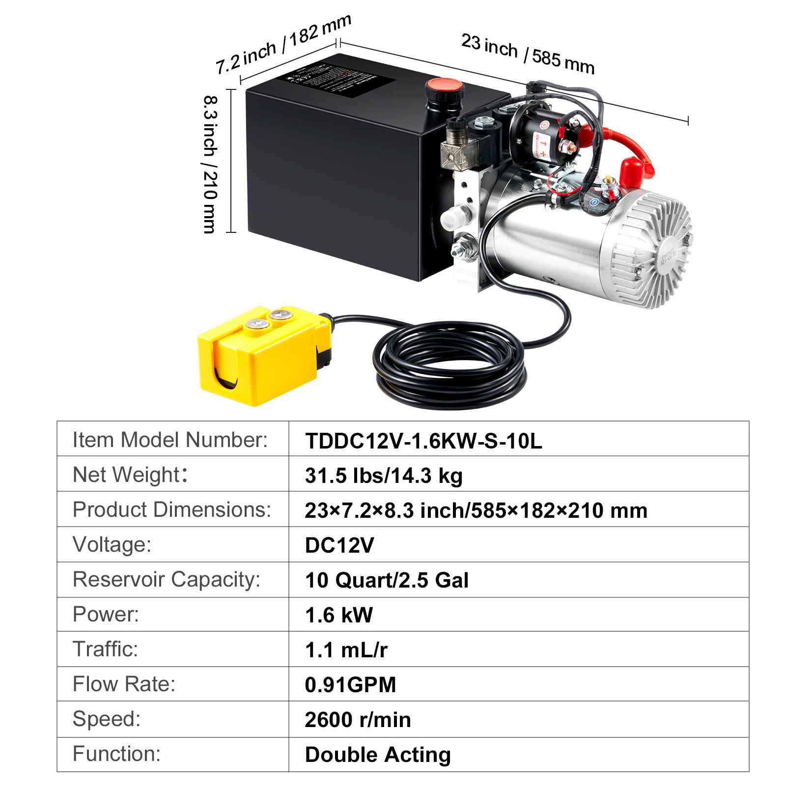 VEVOR 10 Quart Double Acting Hydraulic Pump 12V Dump Trailer Power Unit 2.1HP
