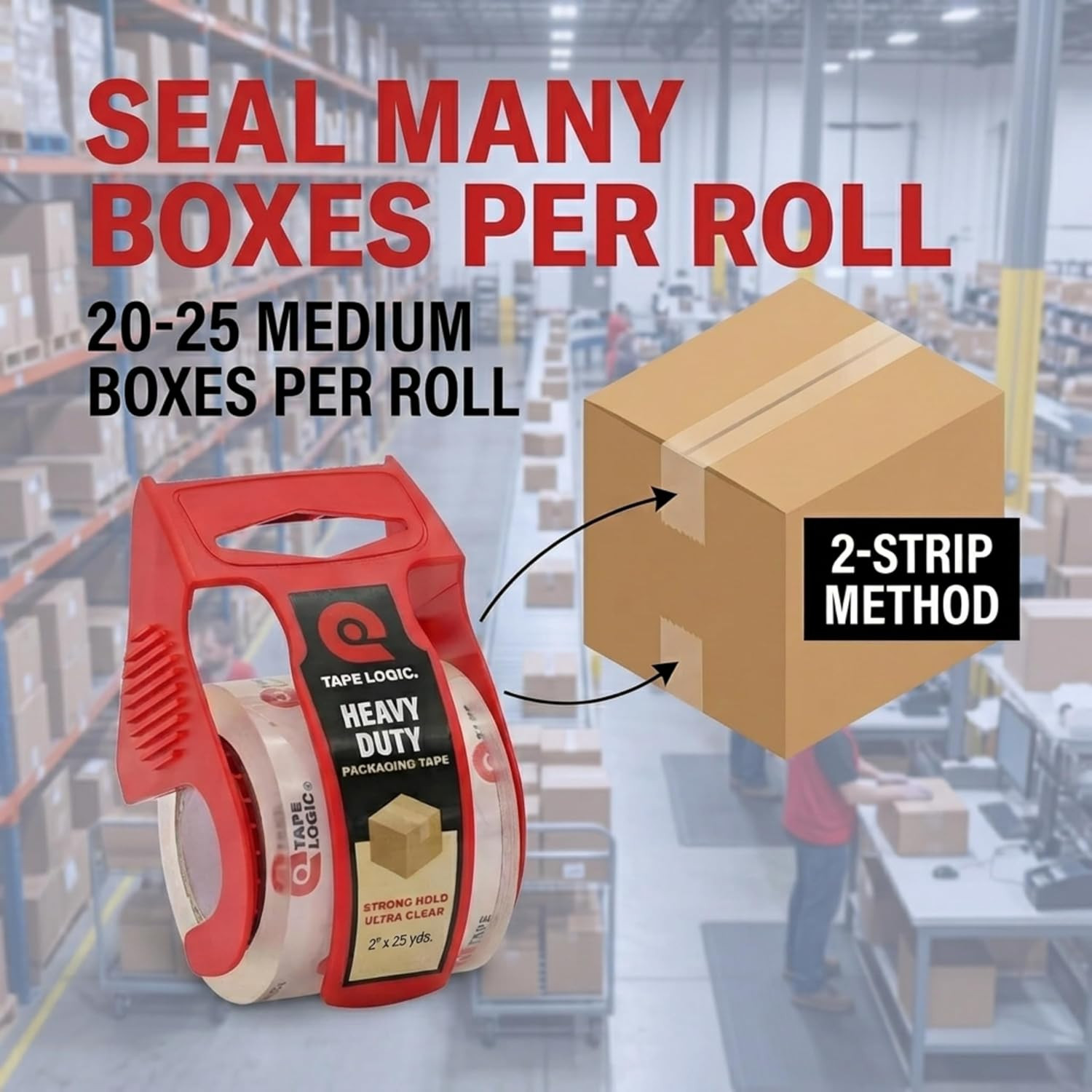Heavy Duty Packing Tape with Dispenser – 2 Pack, 2 in x 25 Yd Clear Tape