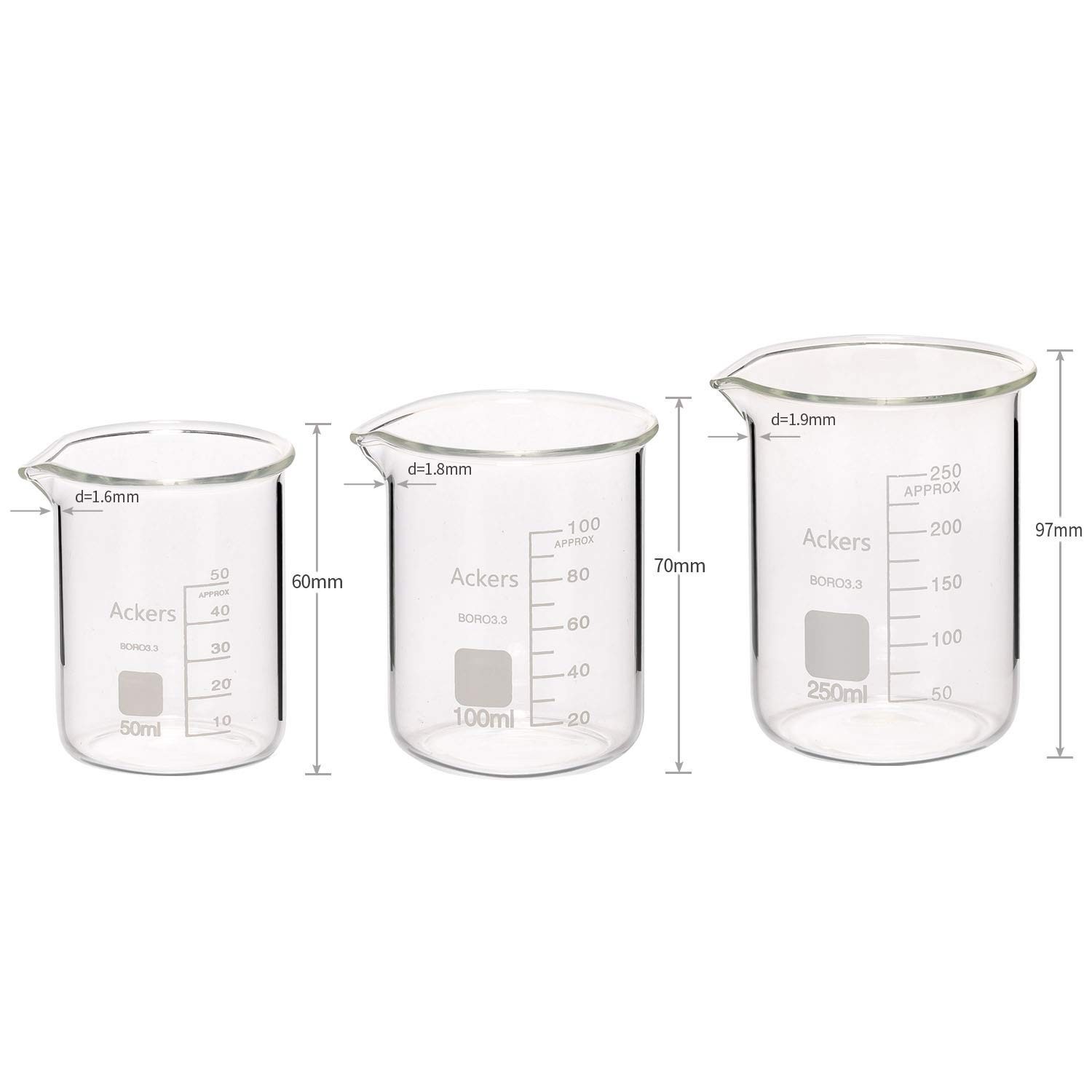 5 Pack Glass Lab Pyrex Beaker Set Measuring Cup 50/100/250/500/1000 ML